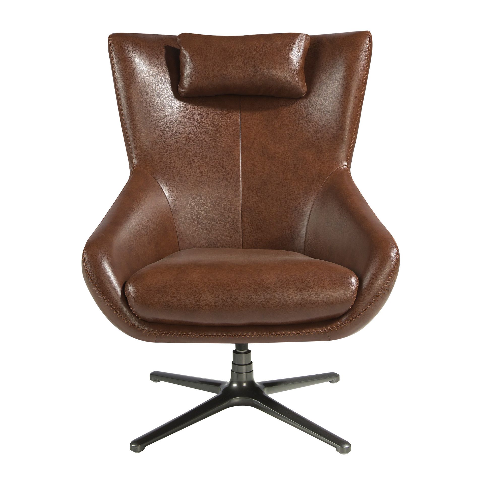 Cognac brown leather swivel armchair