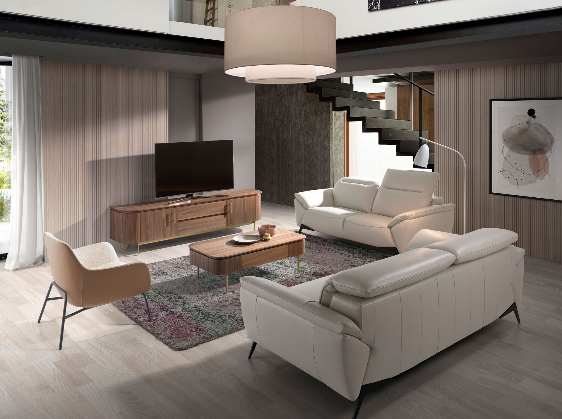 Cream fabric and brown leatherette armchair