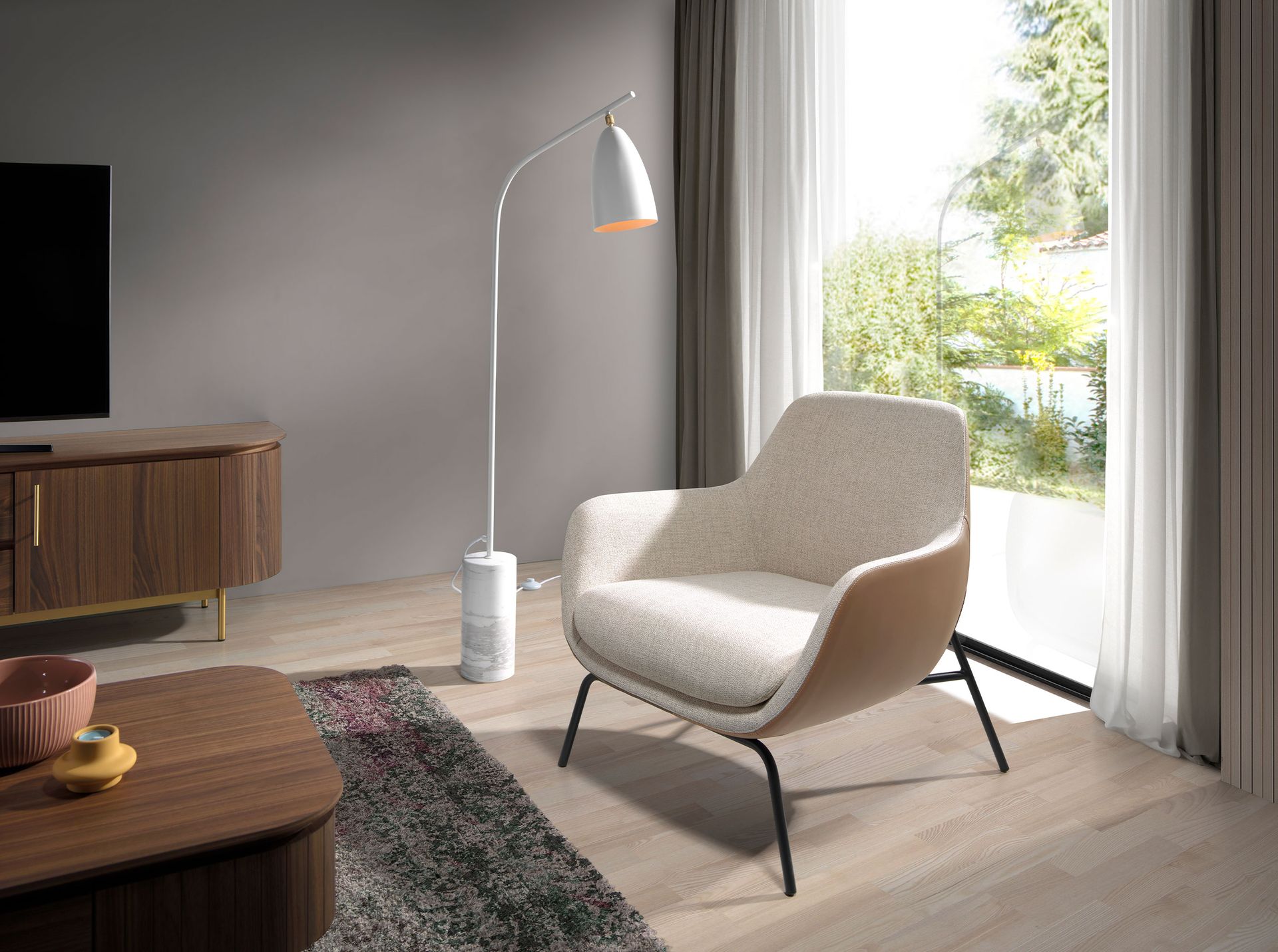 Cream fabric and brown leatherette armchair