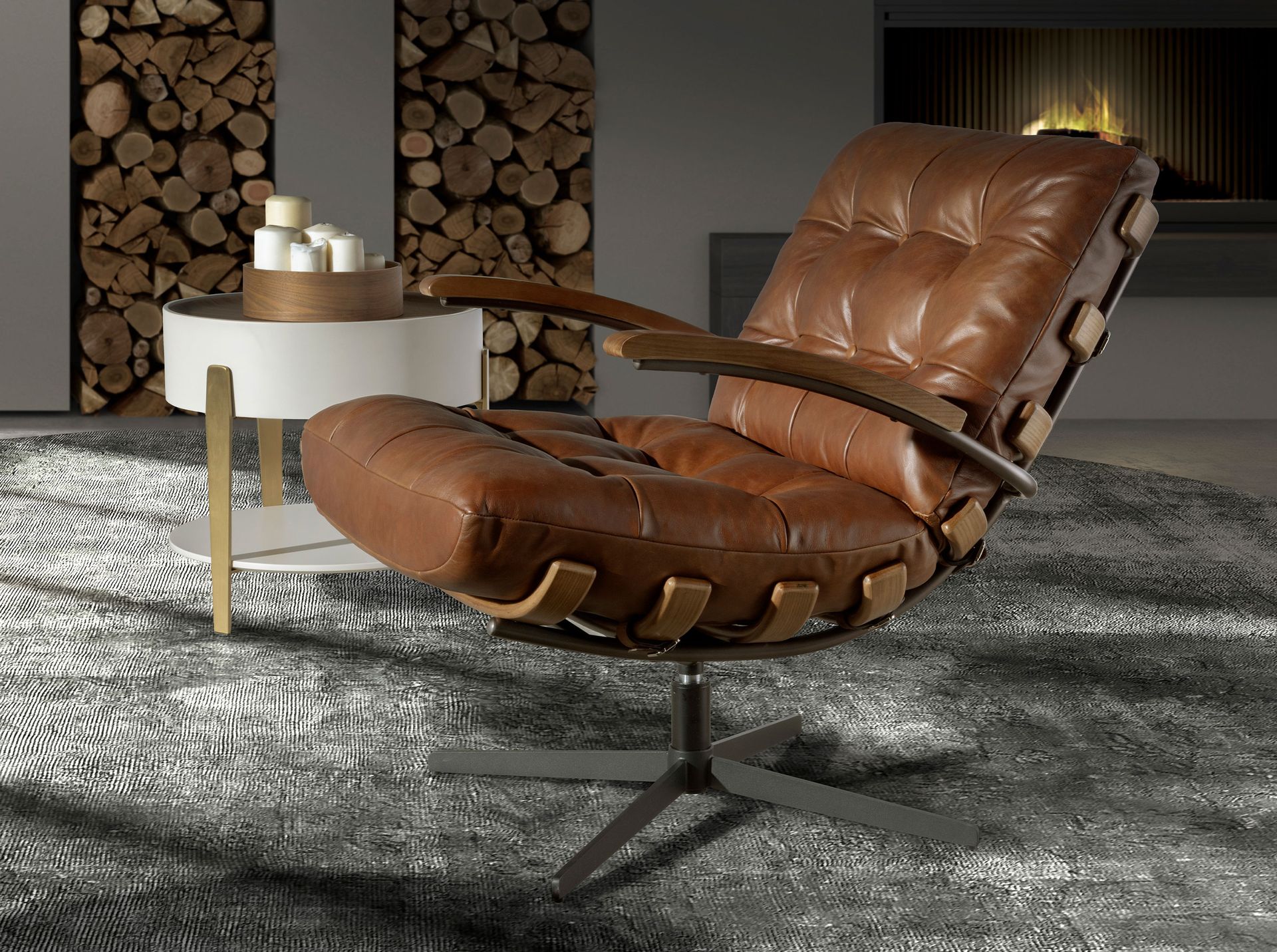 Dark brown leather and walnut swivel armchair