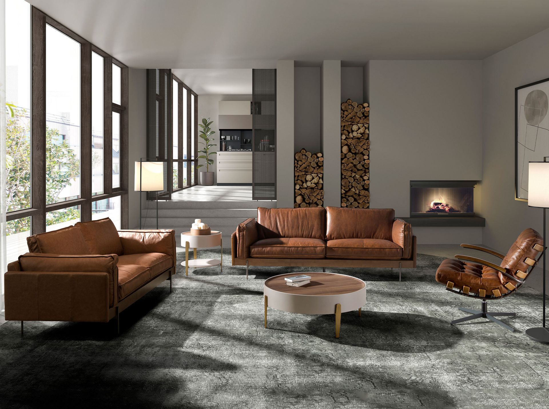 Dark brown leather and walnut swivel armchair