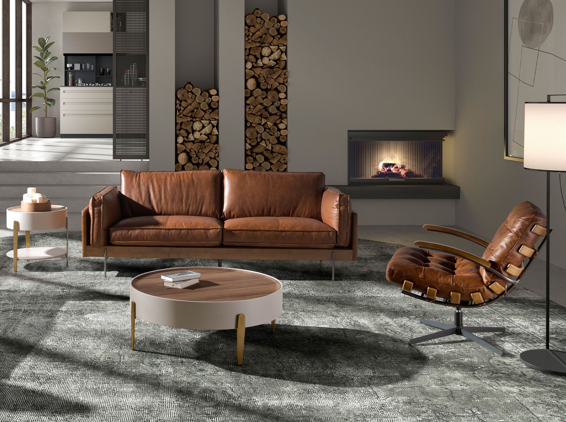 Dark brown leather and walnut swivel armchair
