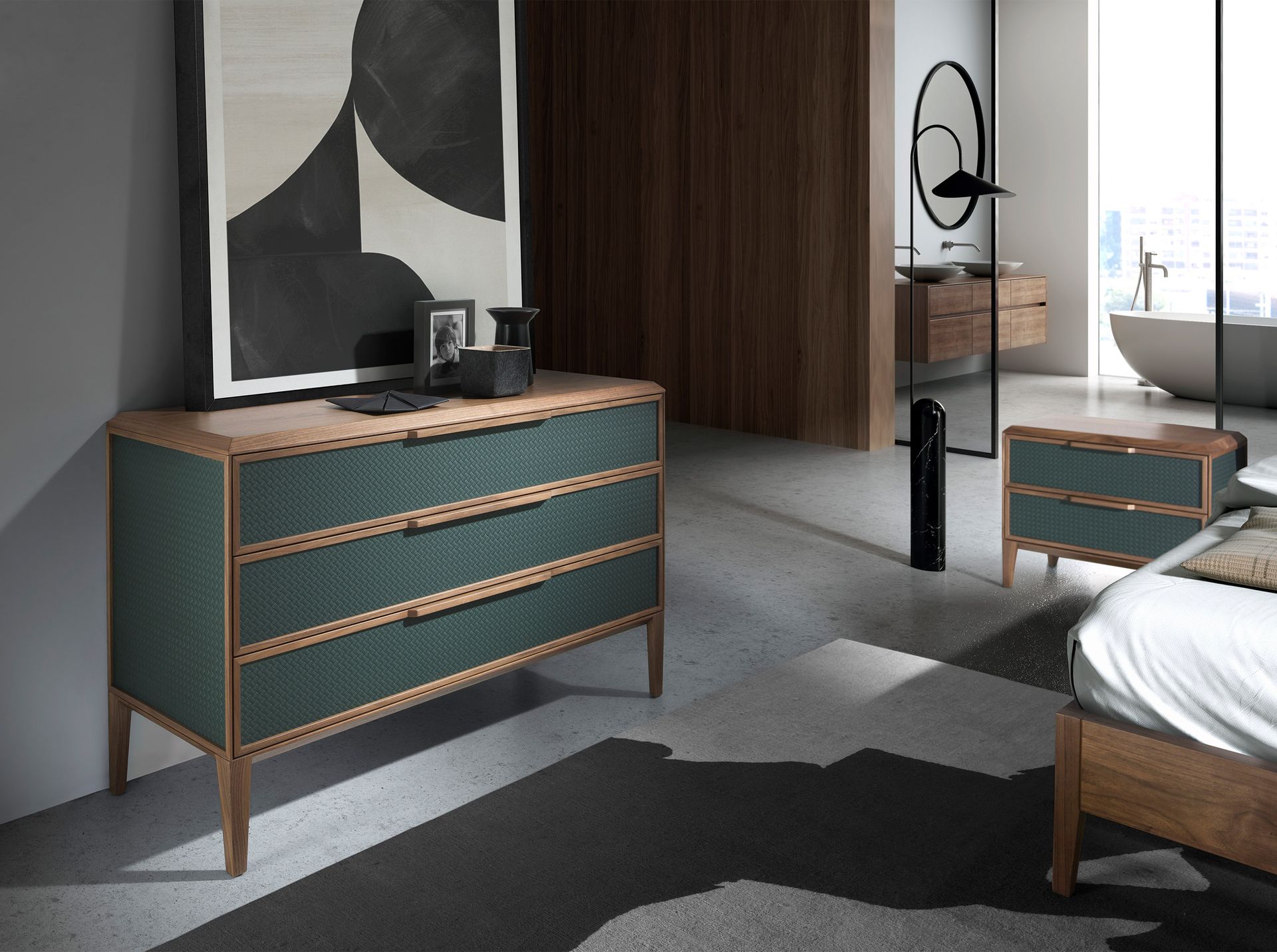 Dark green and walnut pvc chest of drawers