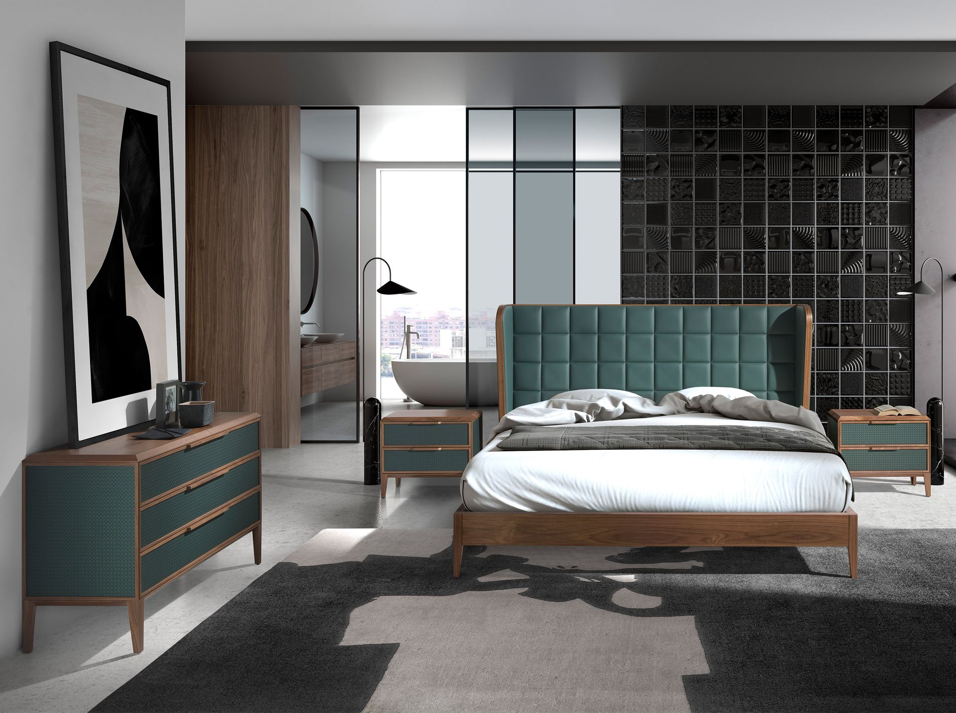Dark green and walnut pvc chest of drawers