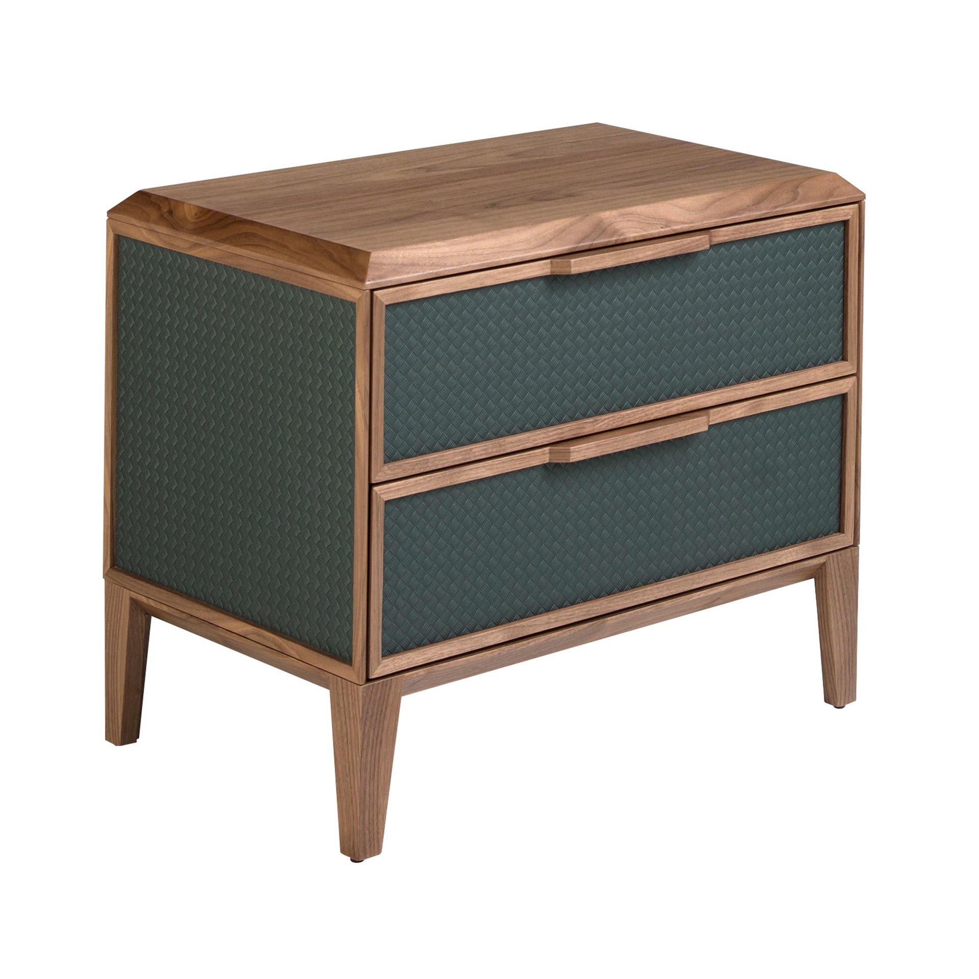 Dark green pvc and walnut bedside table