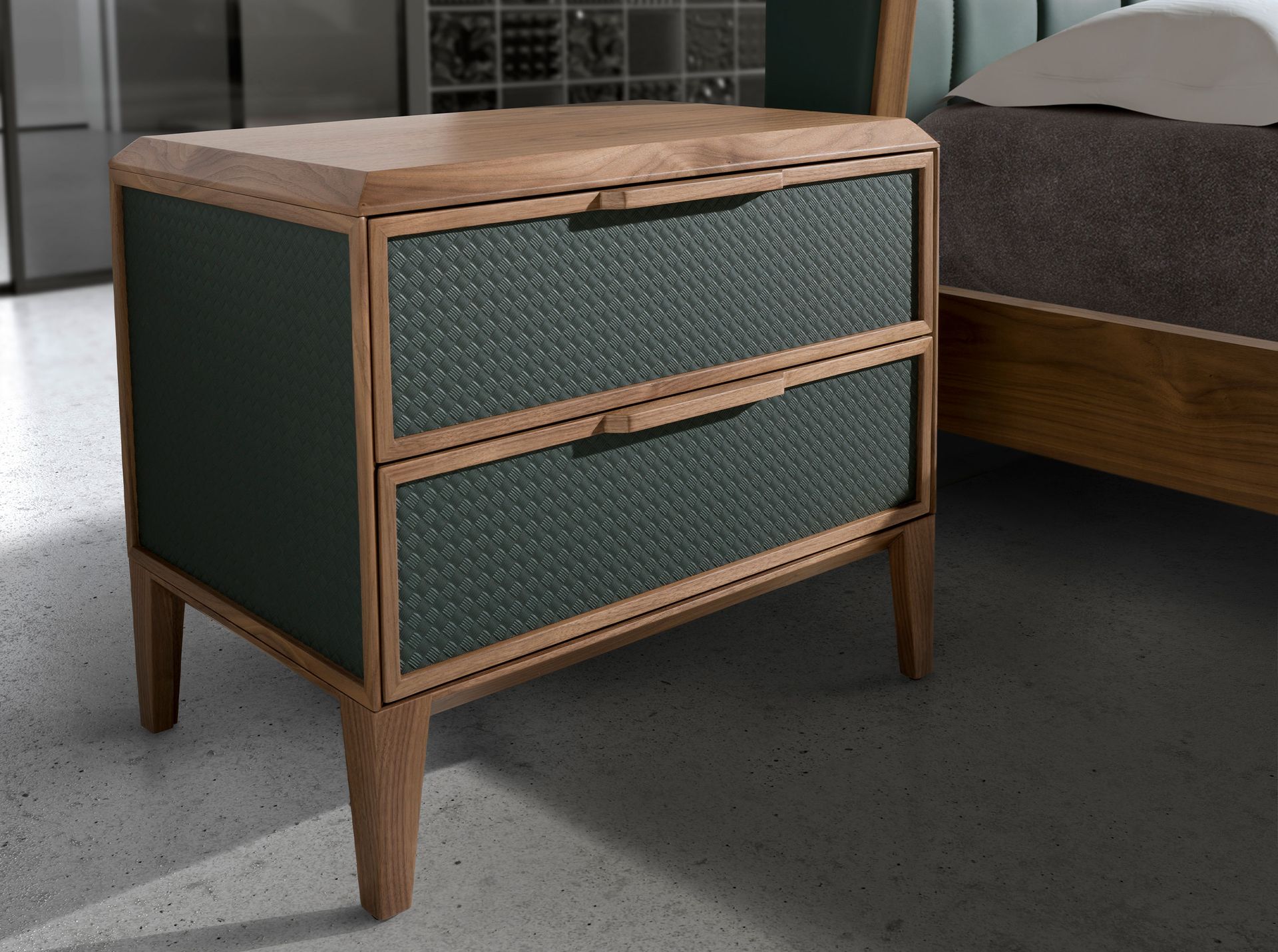 Dark green pvc and walnut bedside table