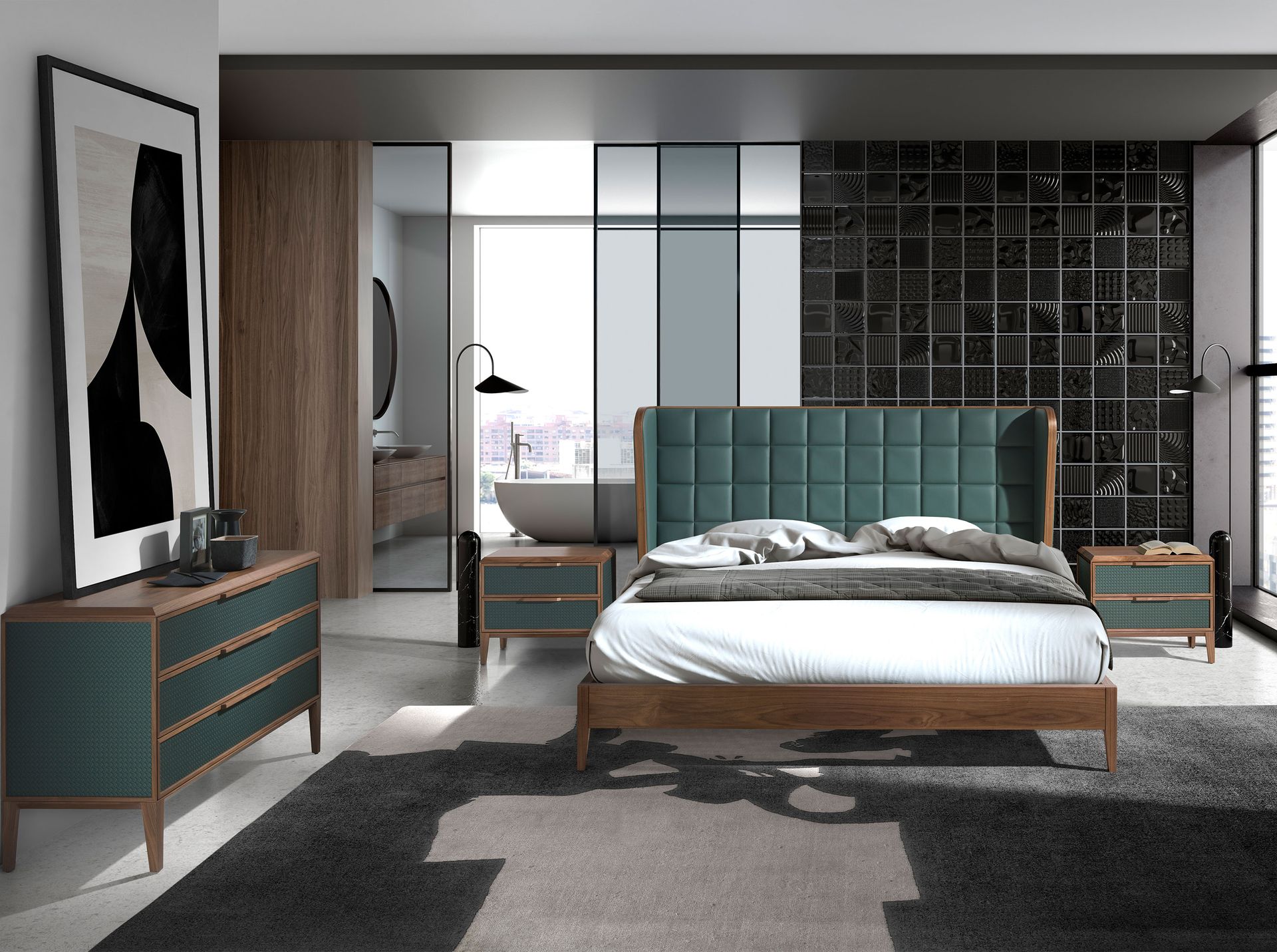 Dark green pvc and walnut bedside table