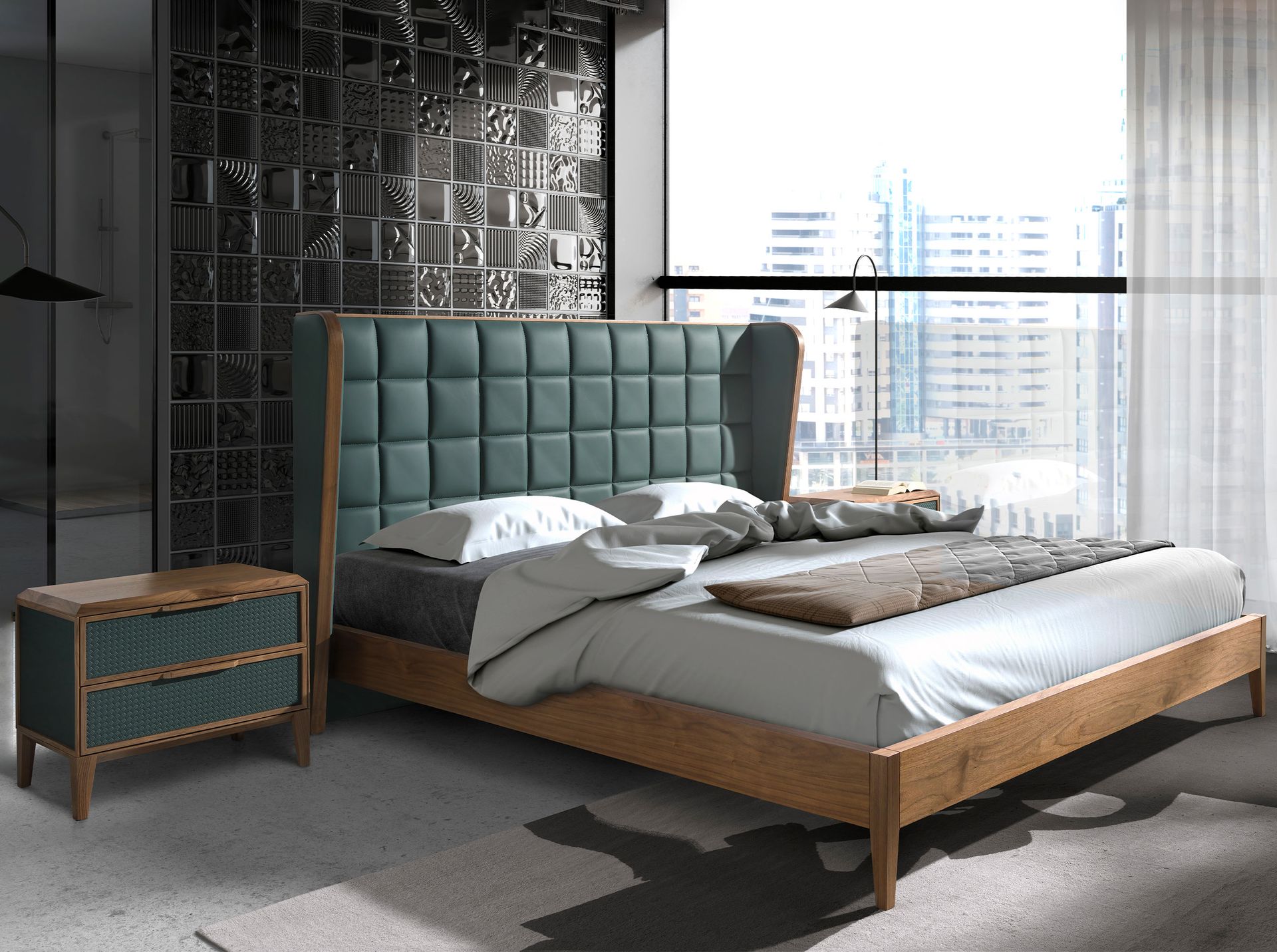 Dark green pvc and walnut bedside table