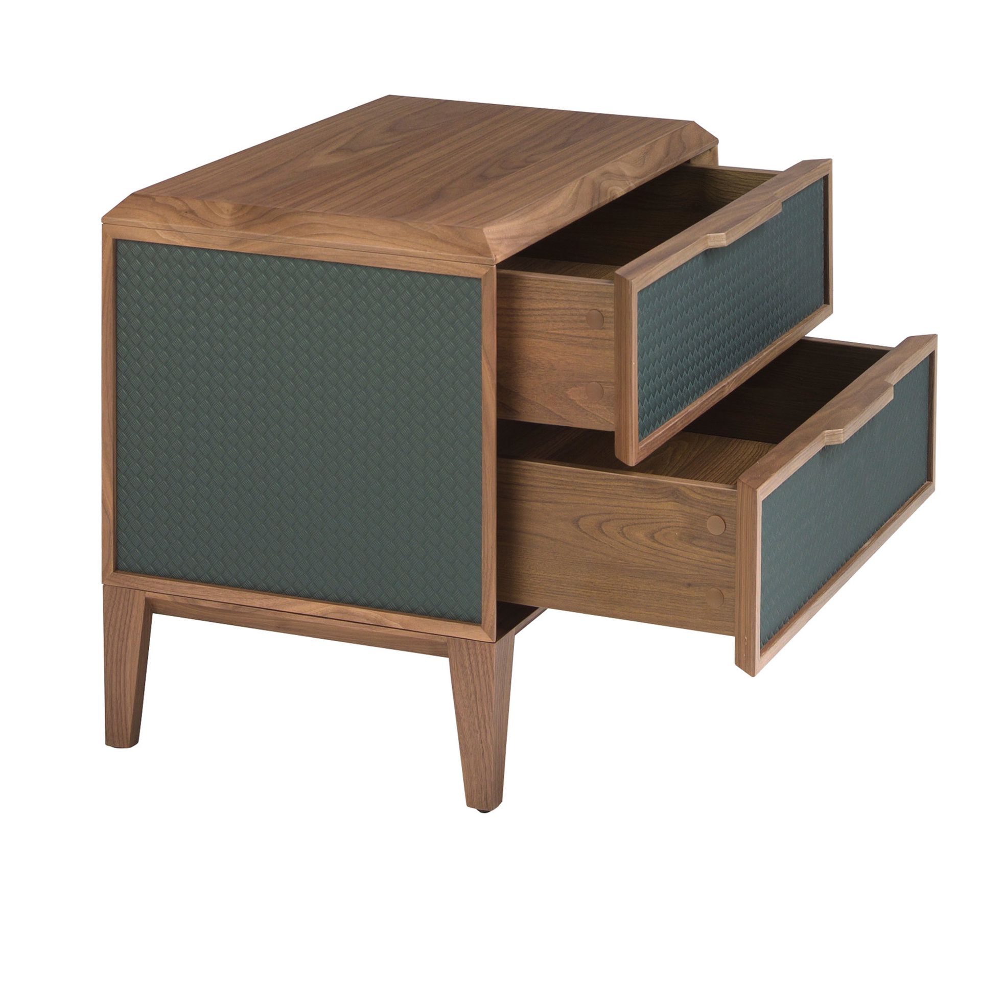 Dark green pvc and walnut bedside table