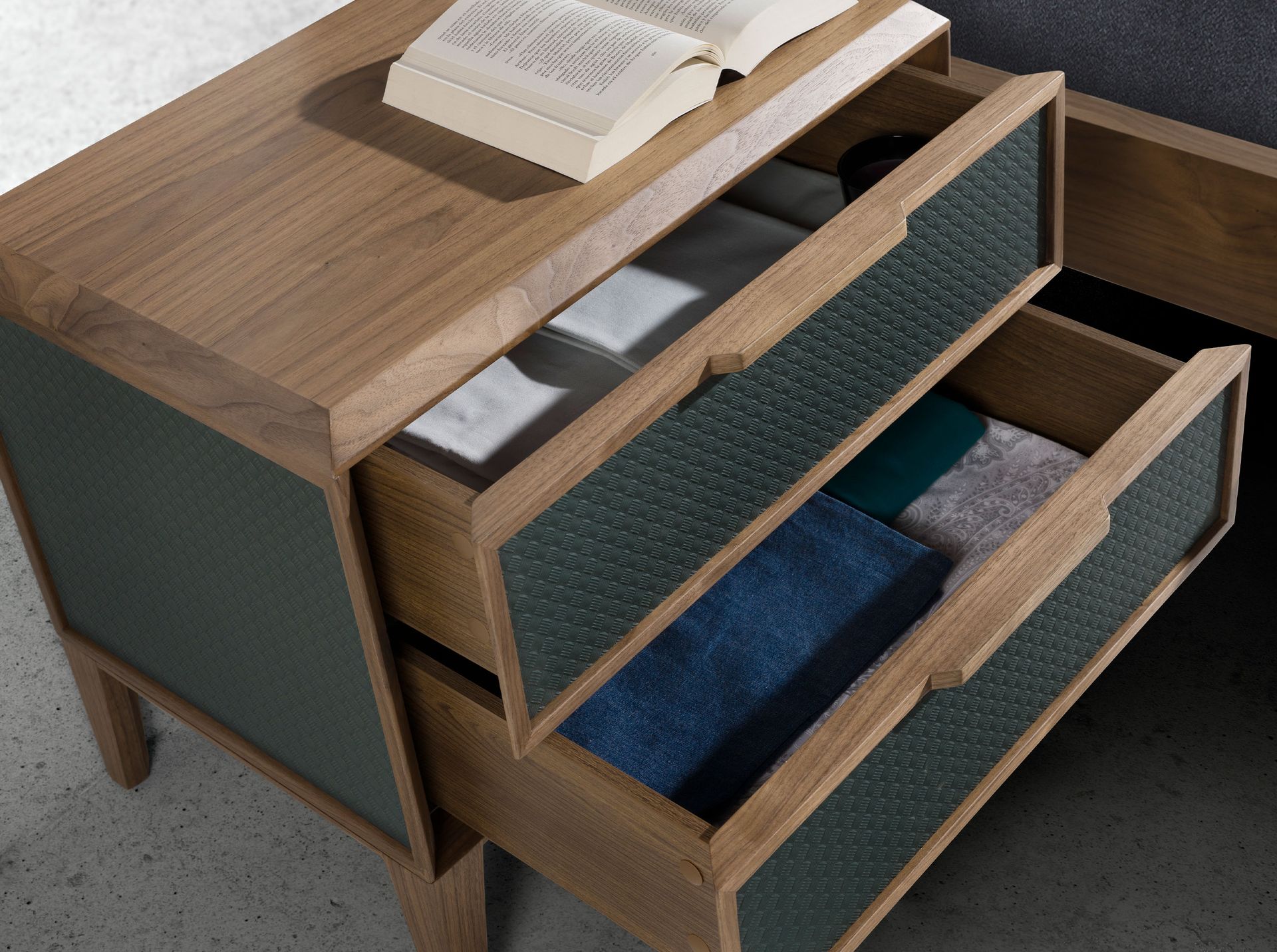 Dark green pvc and walnut bedside table