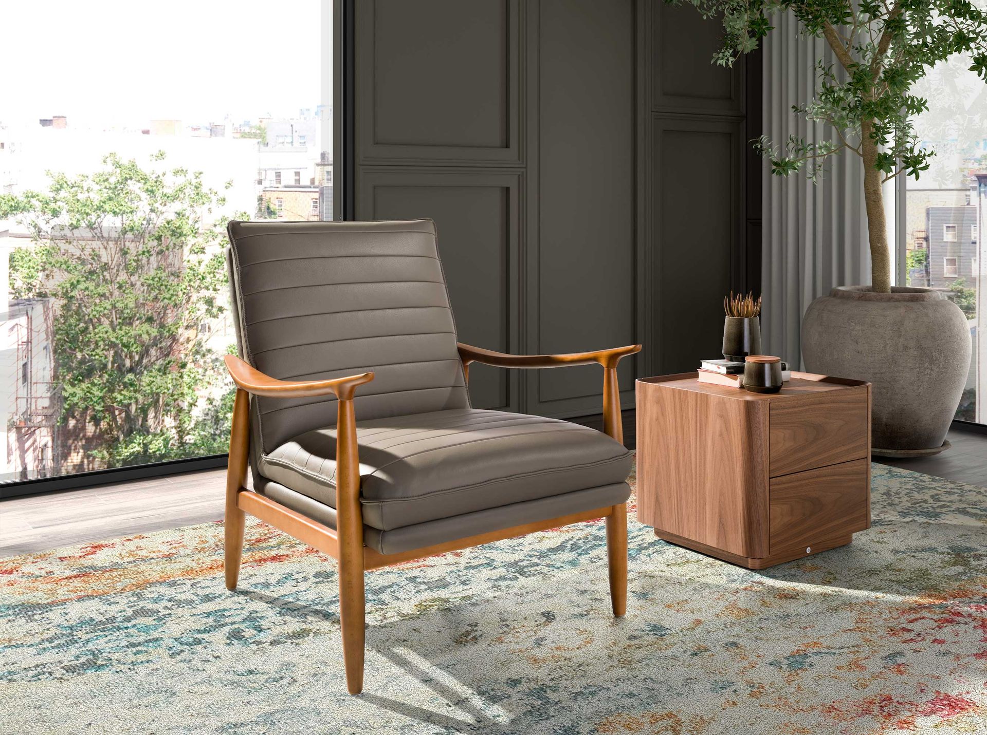 Dark grey leather armchair
