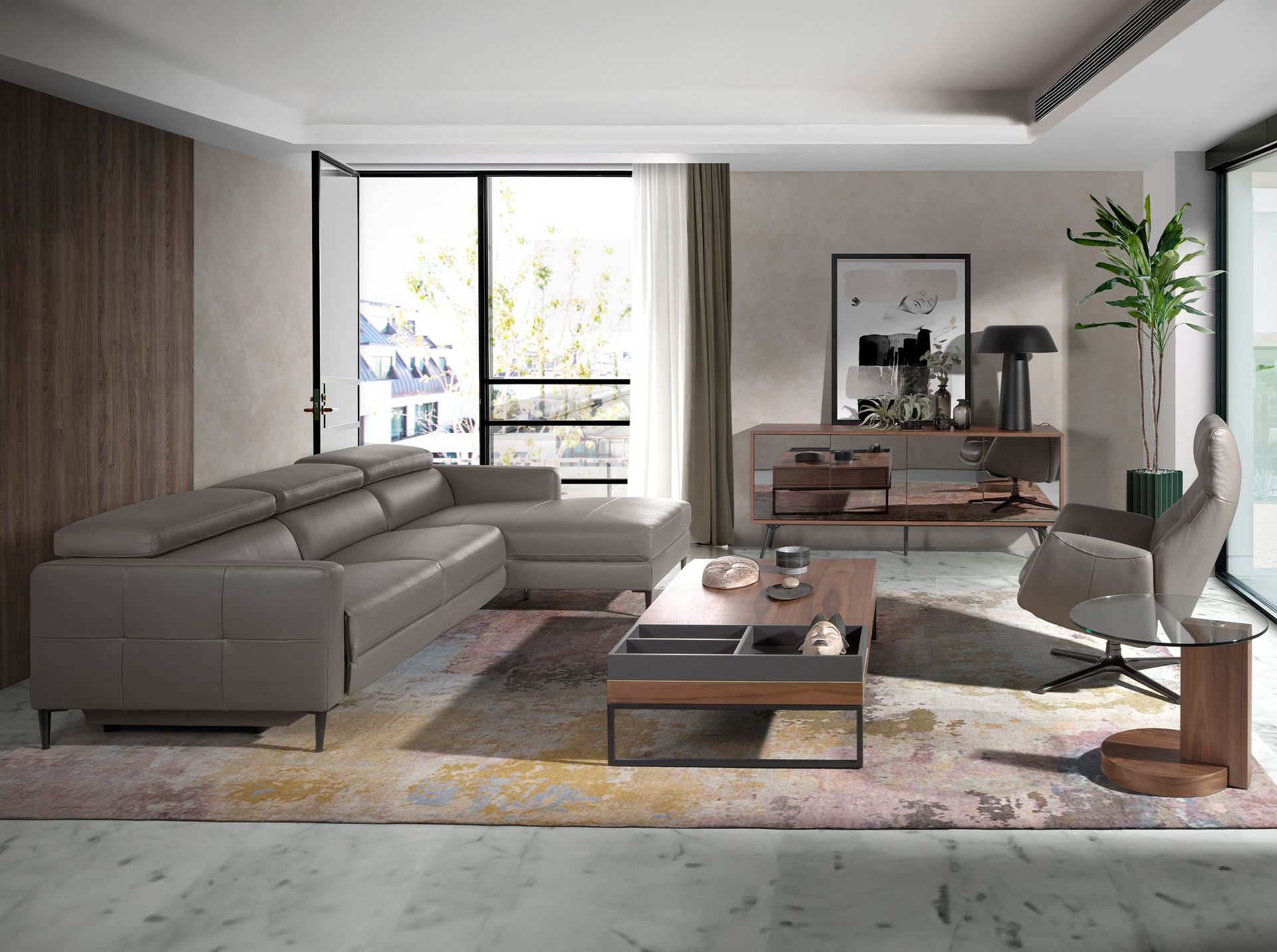 Dark grey leather swivel recliner