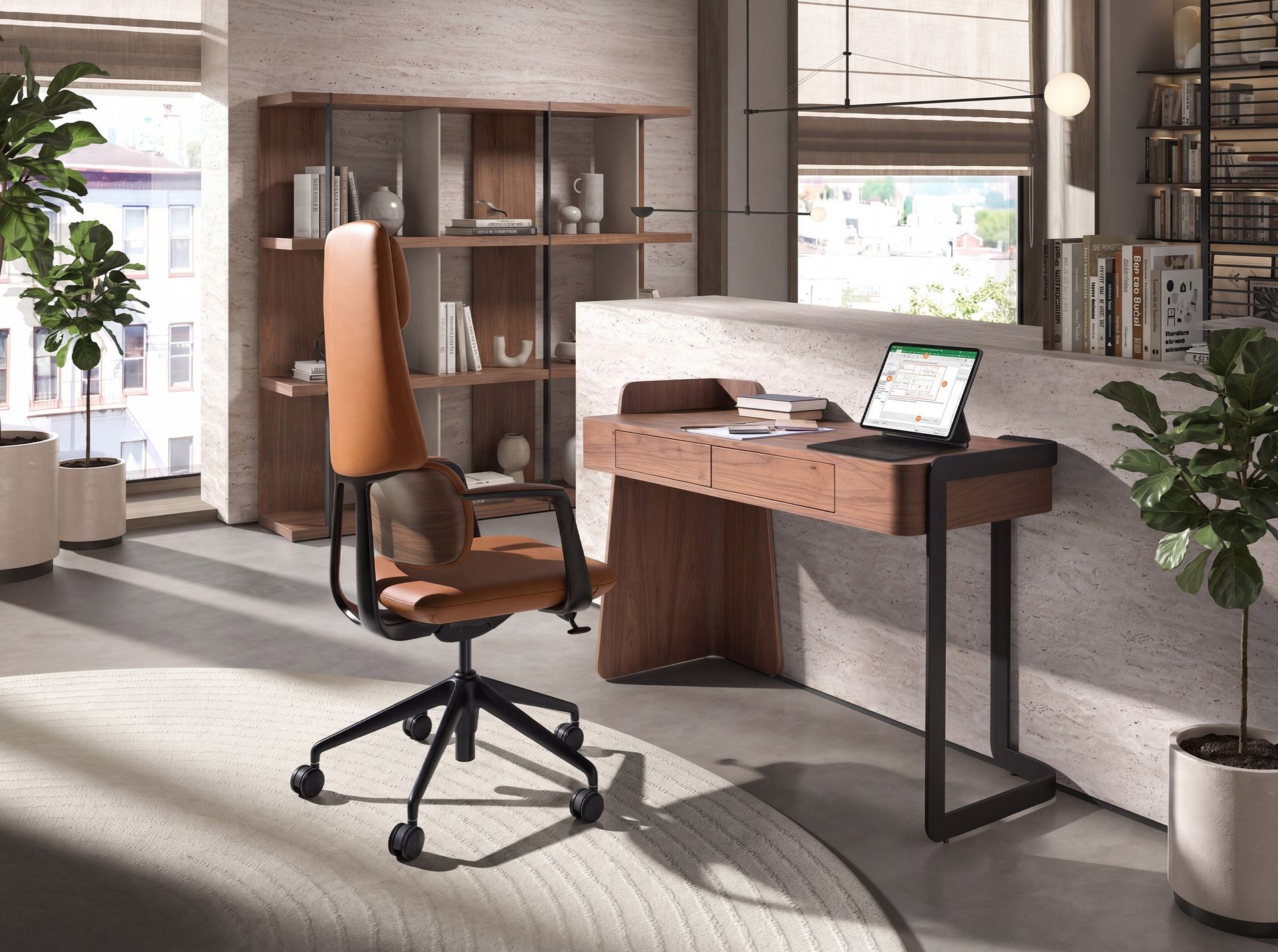 Desk in walnut and black epoxy steel