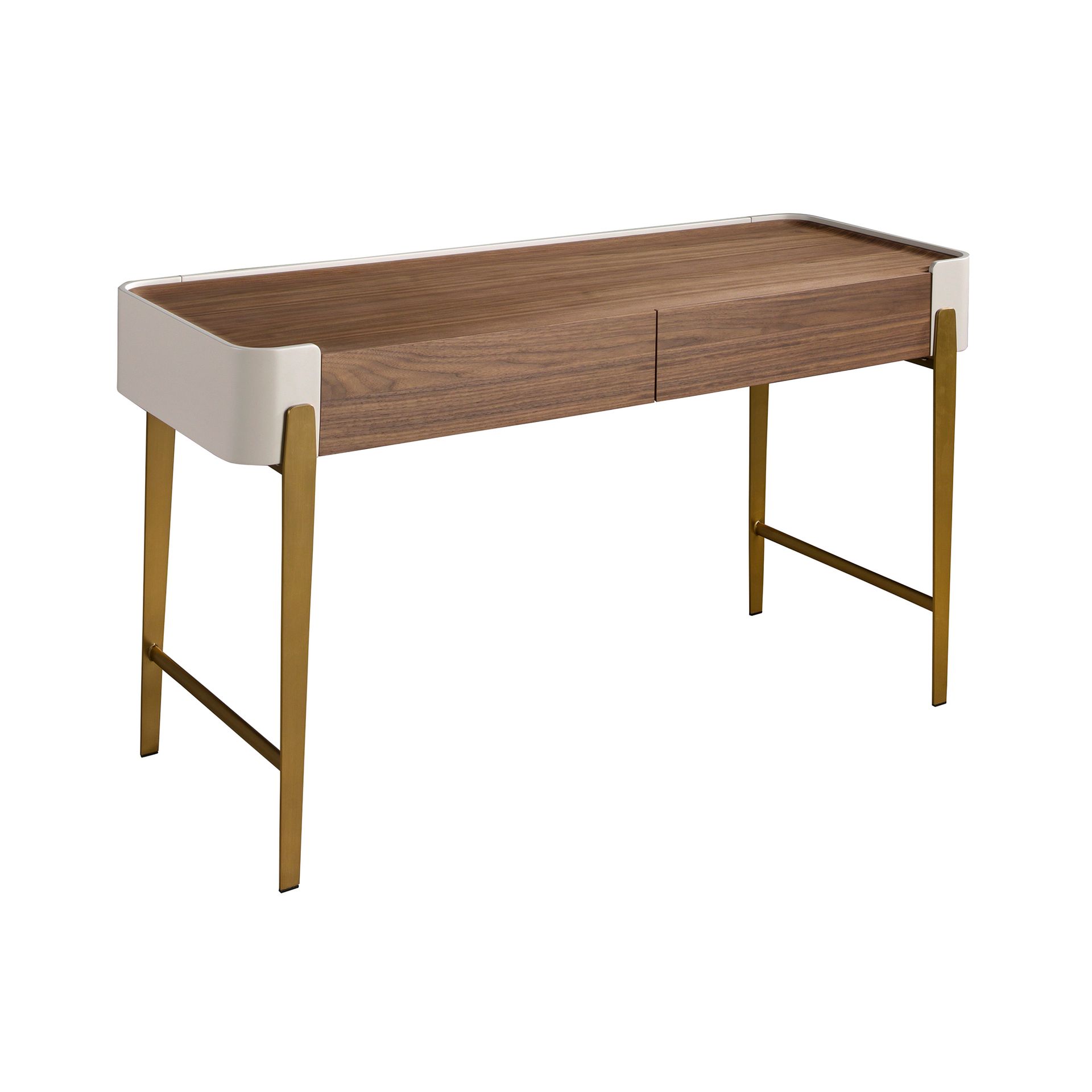 Desk in walnut, beige and golden polished steel