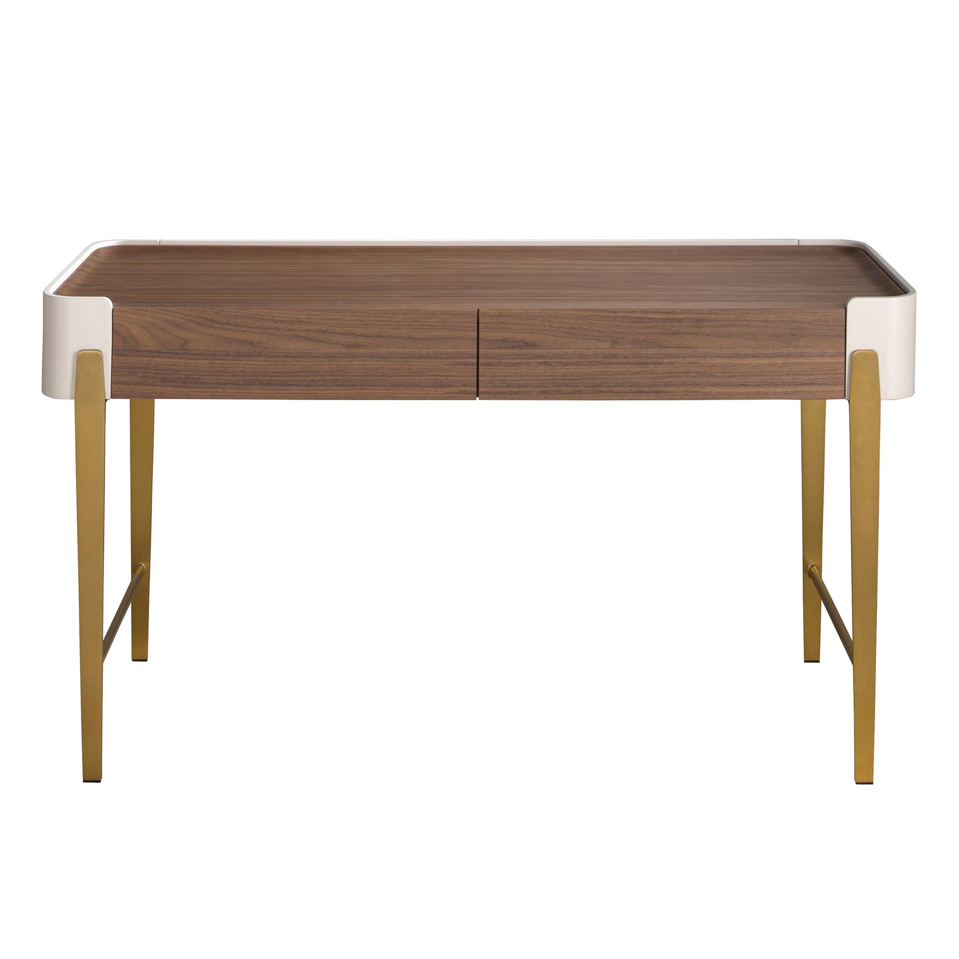Desk in walnut, beige and golden polished steel