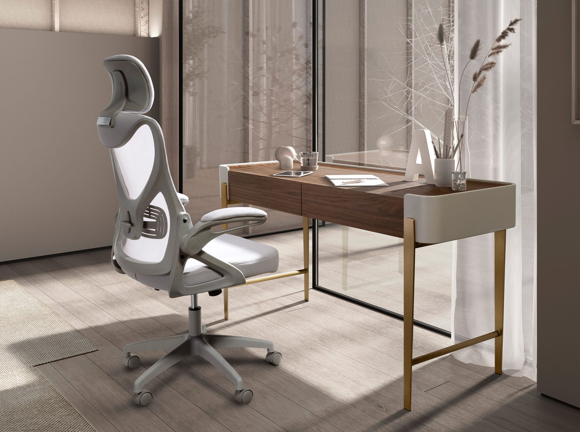 Desk in walnut, beige and golden polished steel