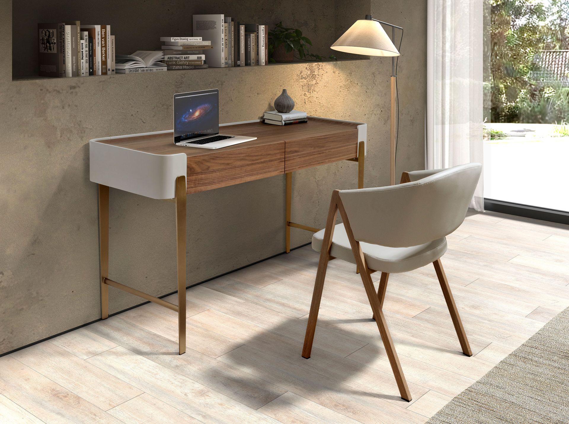 Desk in walnut, beige and golden polished steel