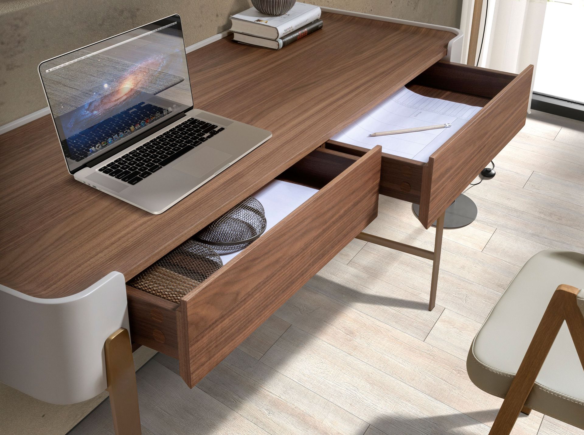 Desk in walnut, beige and golden polished steel
