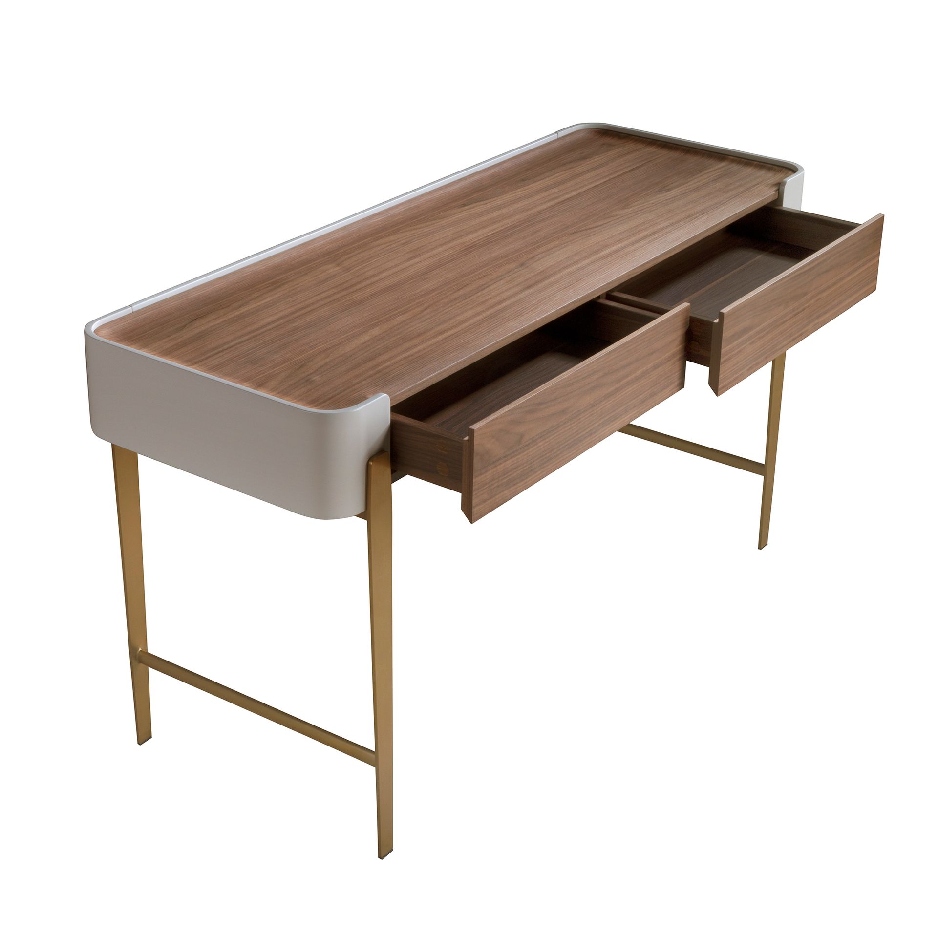 Desk in walnut, beige and golden polished steel