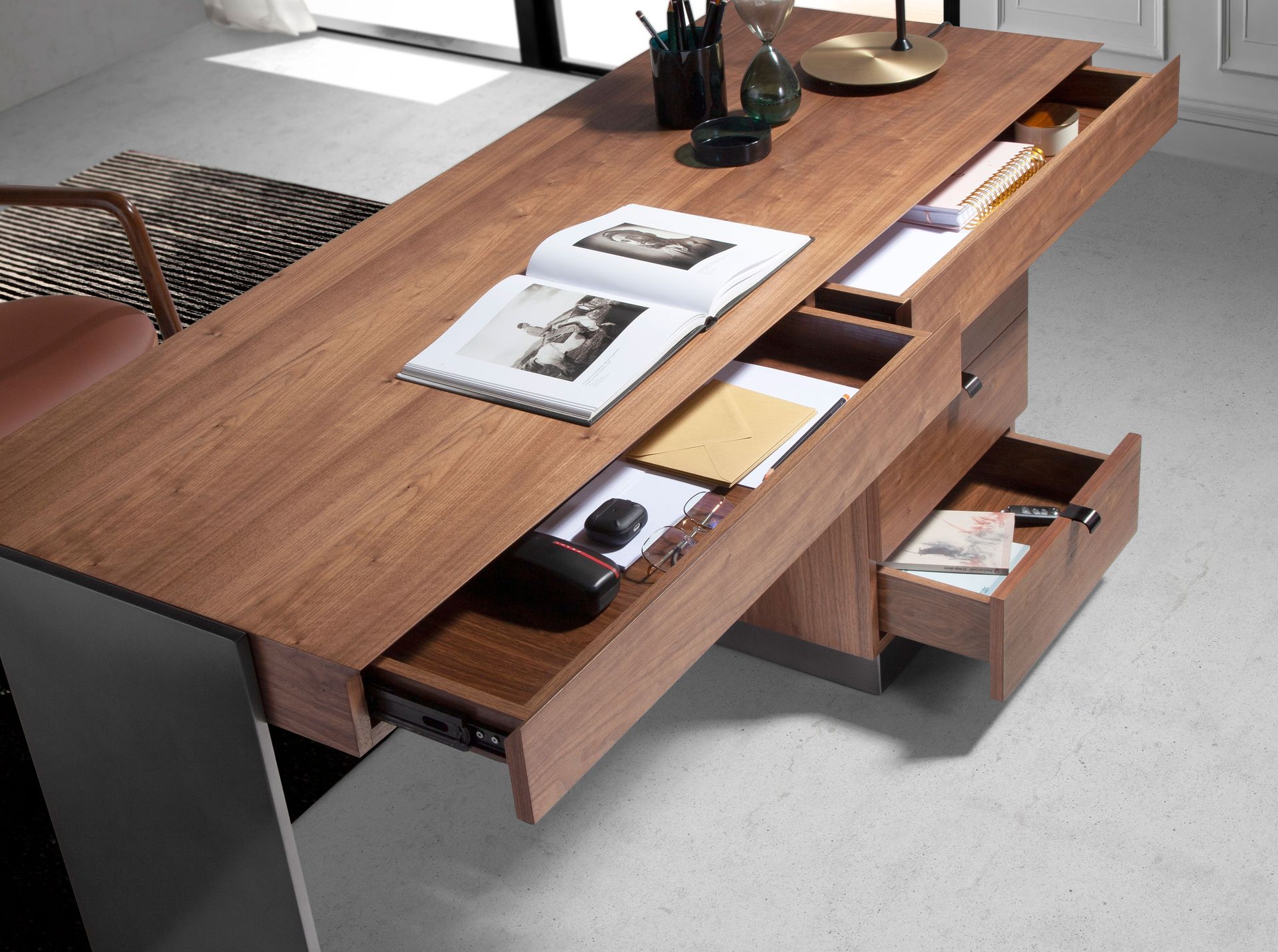 Desk walnut and darkened polished steel