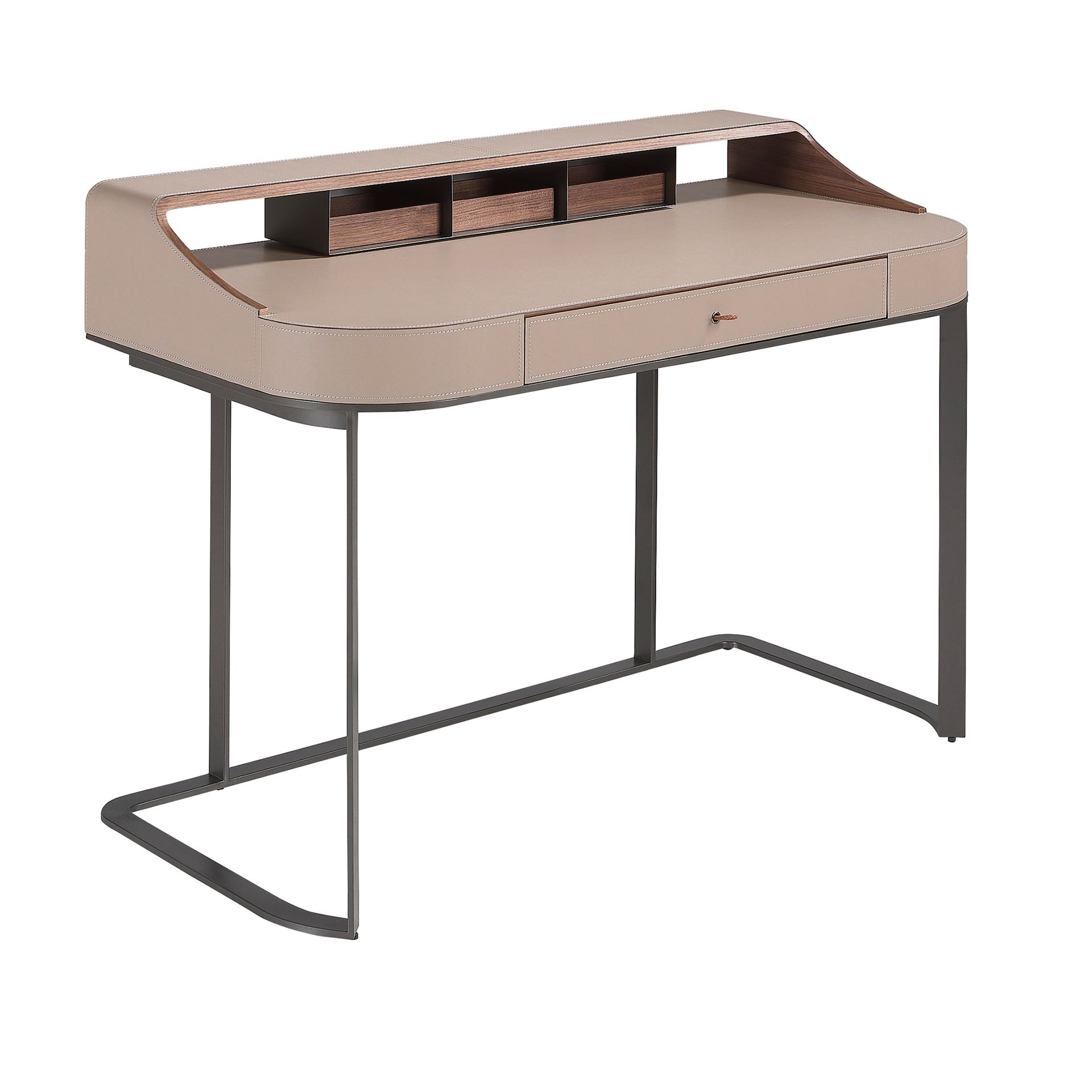 Desktop dressing table leatherette, walnut and gray steel