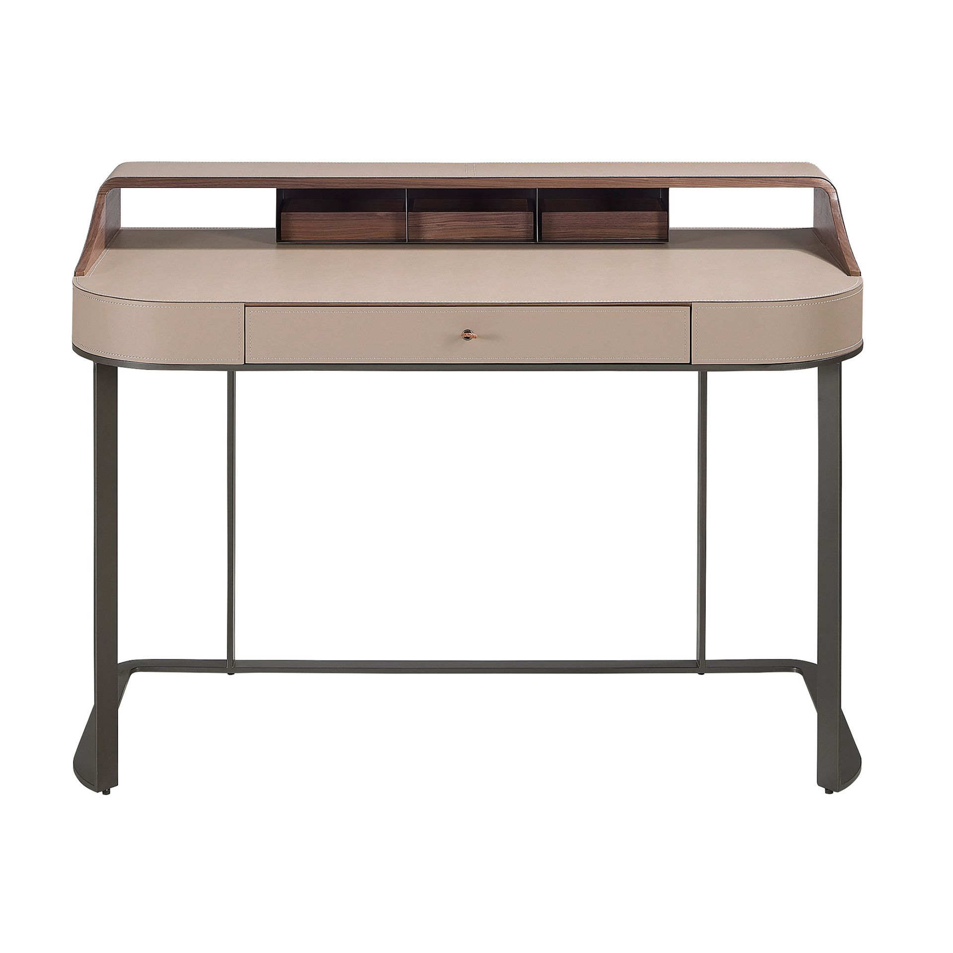 Desktop dressing table leatherette, walnut and gray steel