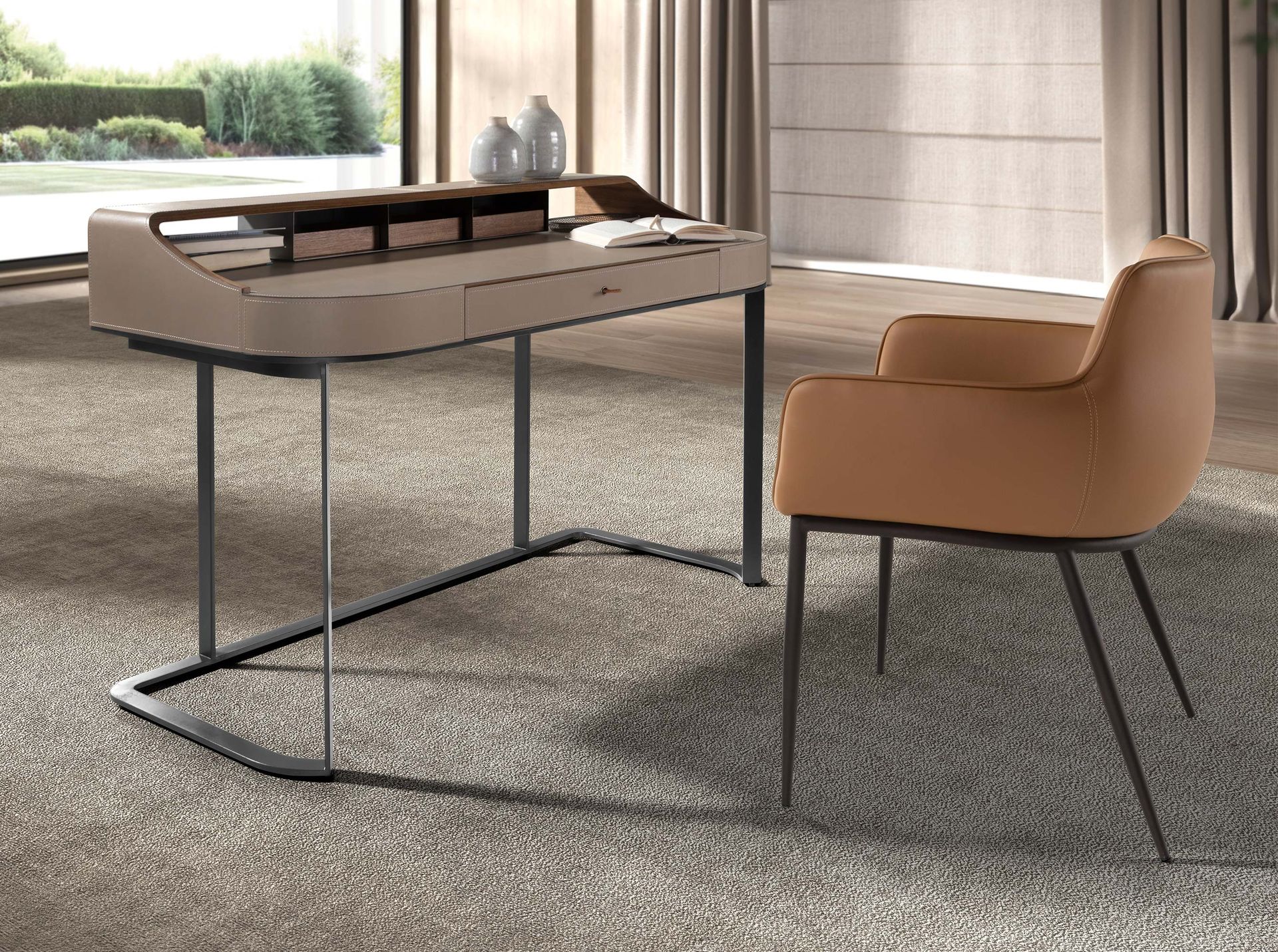 Desktop dressing table leatherette, walnut and gray steel