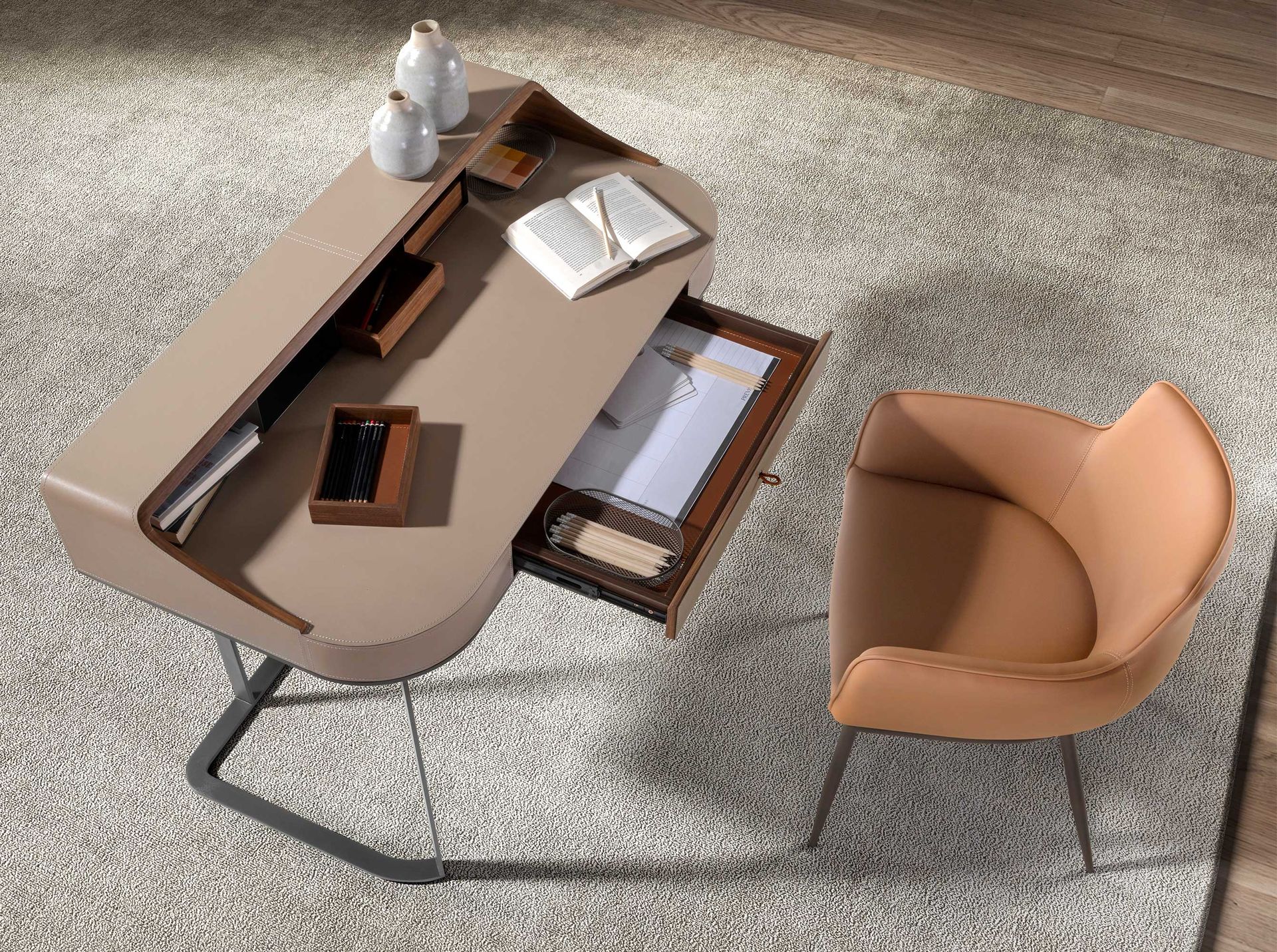 Desktop dressing table leatherette, walnut and gray steel