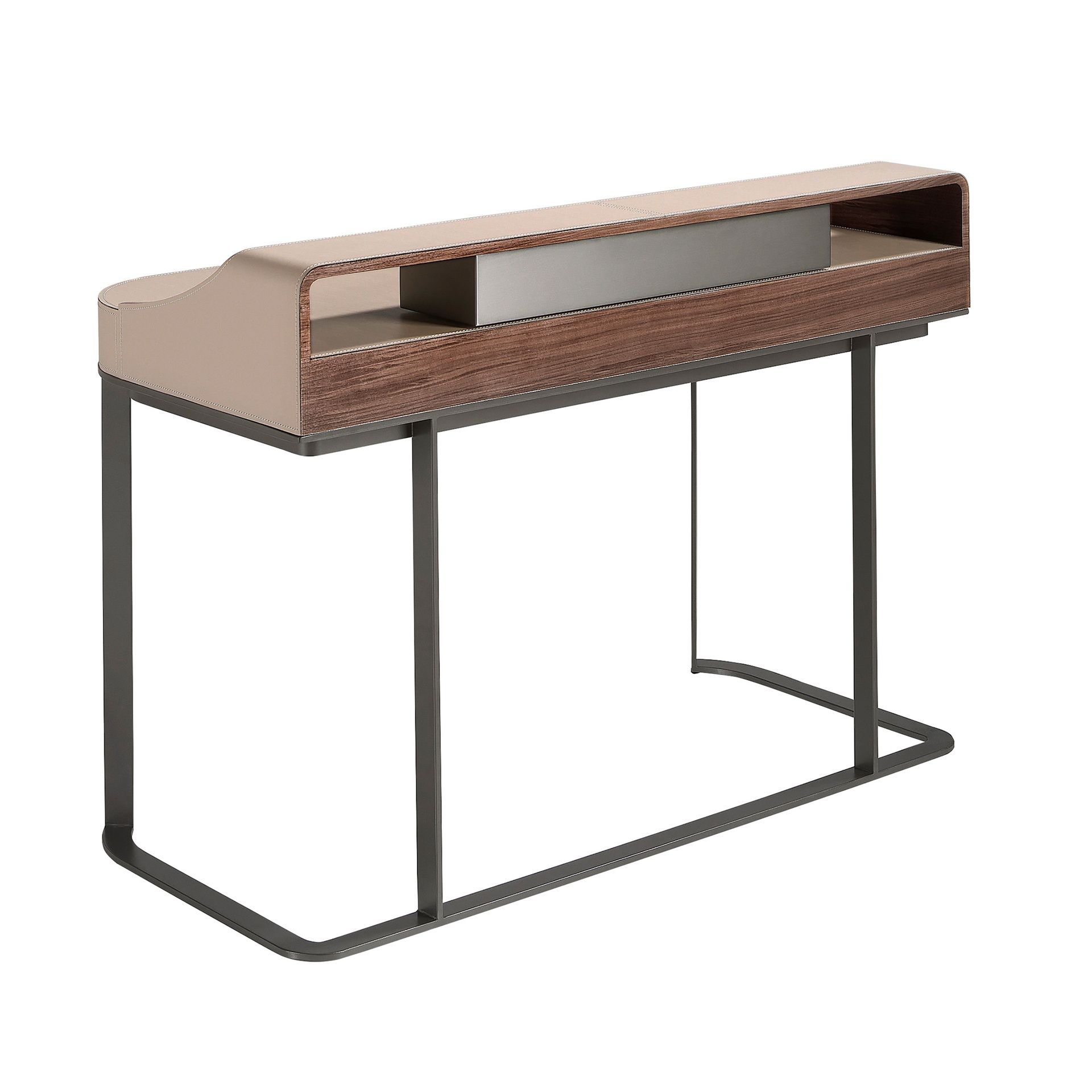 Desktop dressing table leatherette, walnut and gray steel