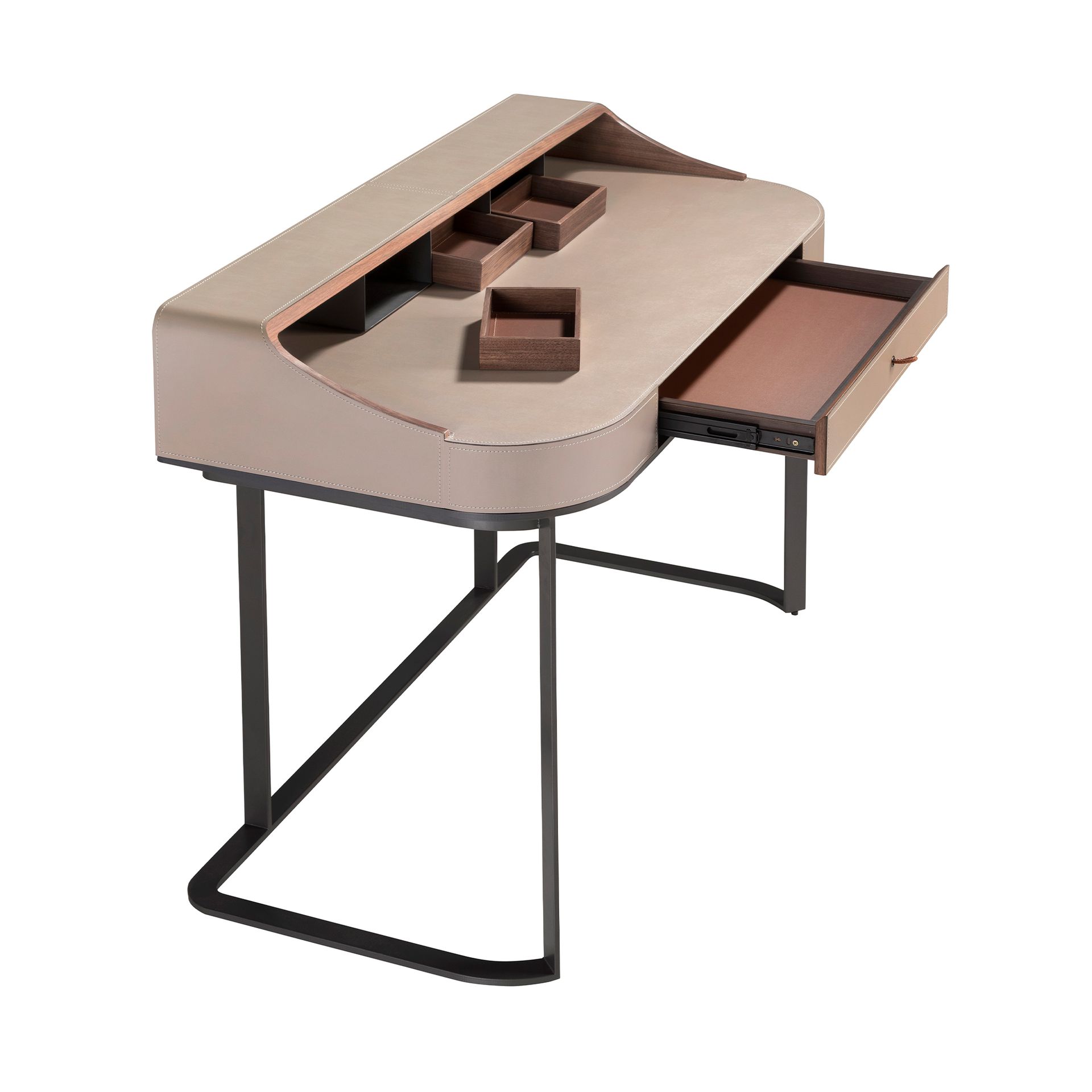 Desktop dressing table leatherette, walnut and gray steel