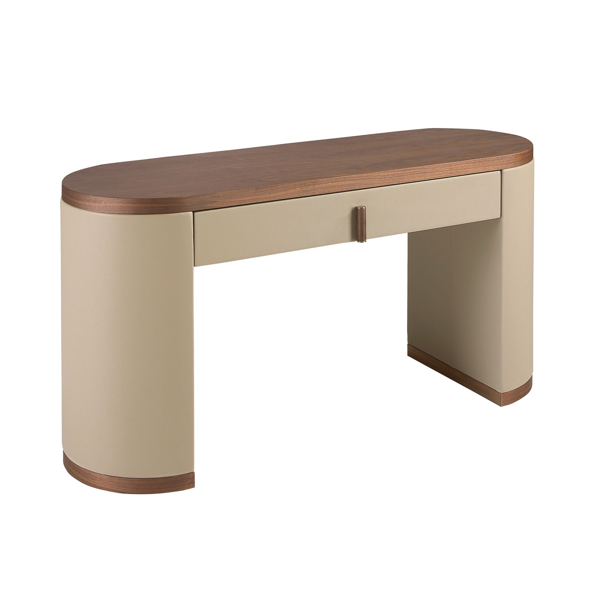Dressing desk in faux leather, walnut and wood upholstered in mink-colored faux leather