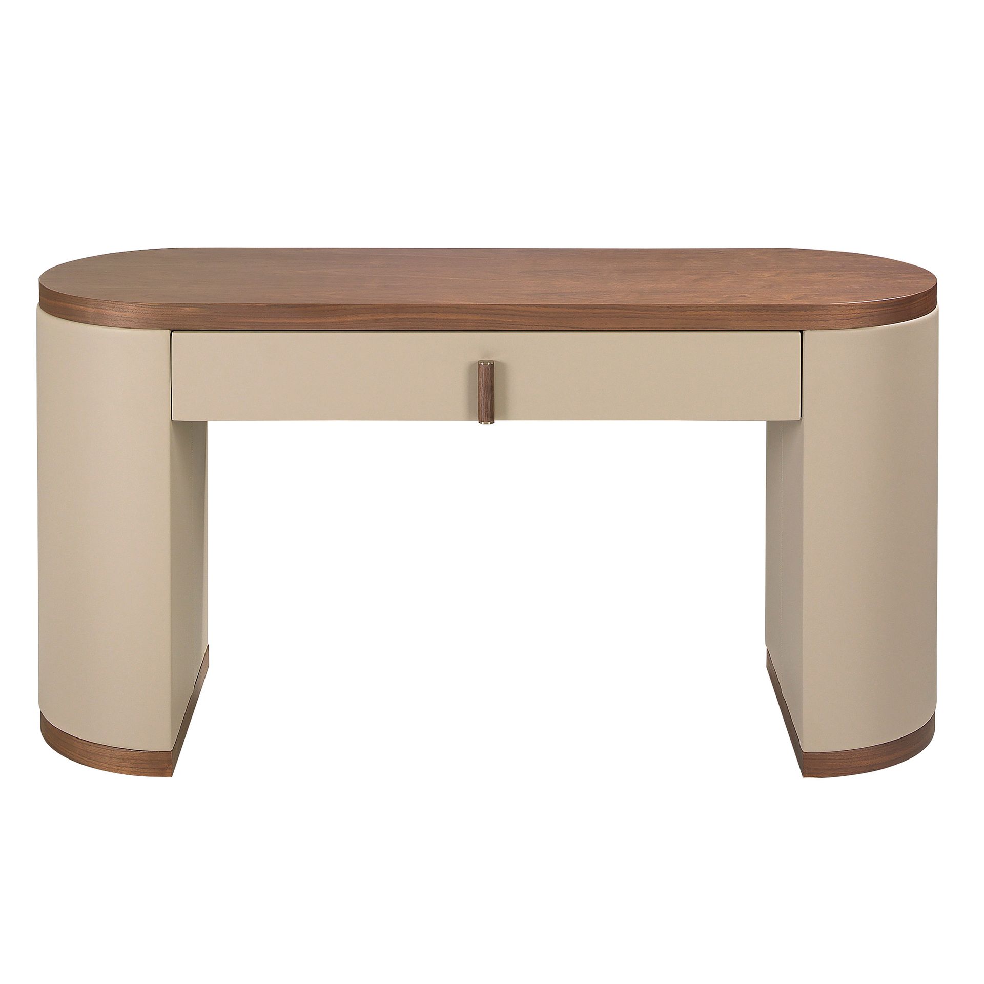 Dressing desk in faux leather, walnut and wood upholstered in mink-colored faux leather