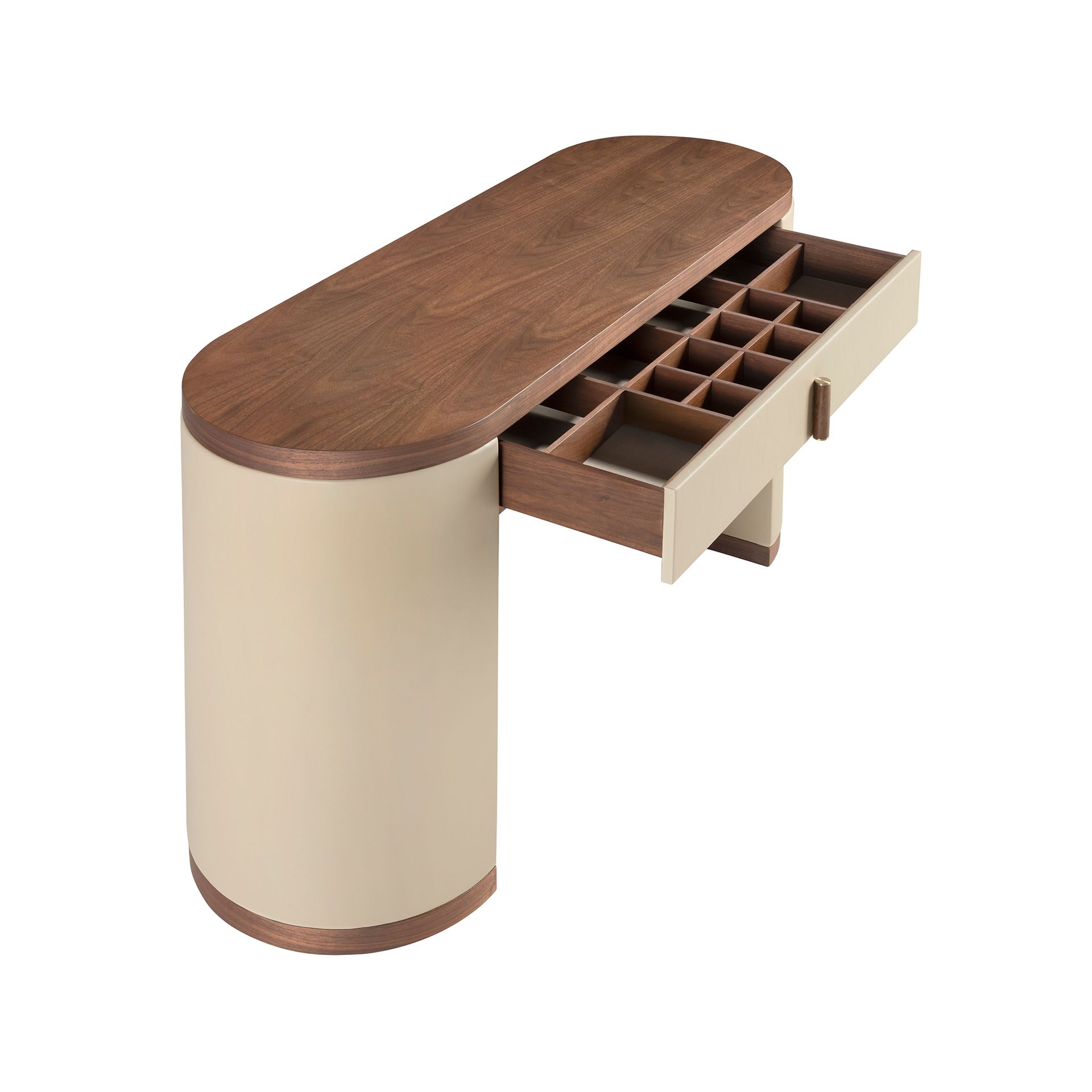 Dressing desk in faux leather, walnut and wood upholstered in mink-colored faux leather