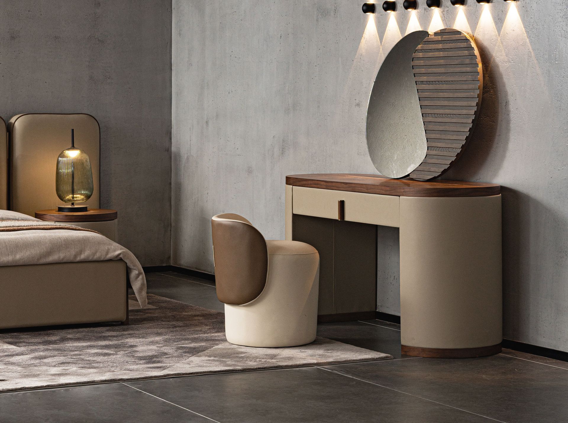 Dressing desk in faux leather, walnut and wood upholstered in mink-colored faux leather