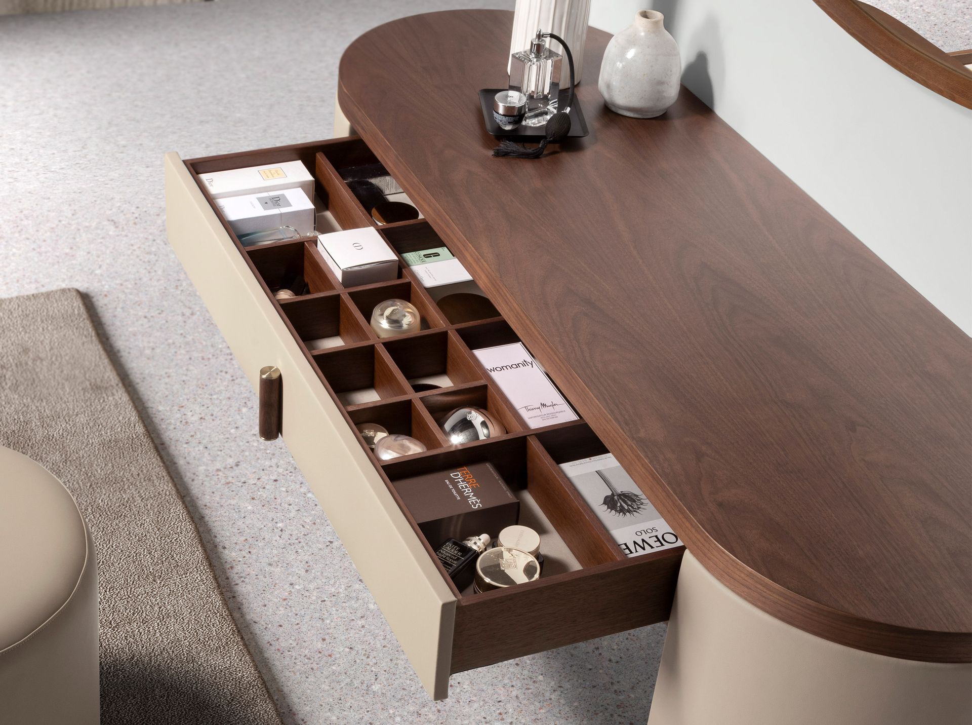 Dressing desk in faux leather, walnut and wood upholstered in mink-colored faux leather