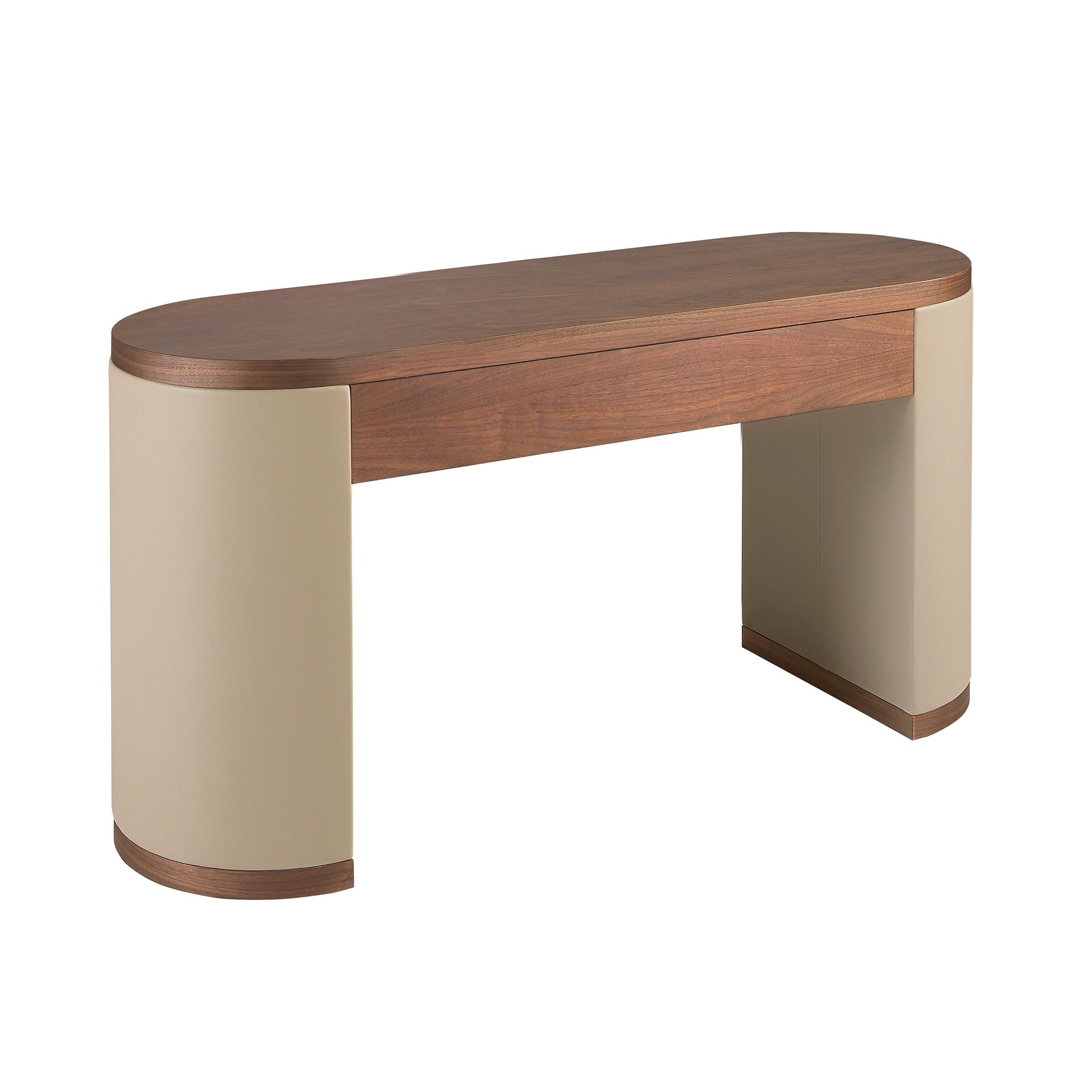Dressing desk in faux leather, walnut and wood upholstered in mink-colored faux leather