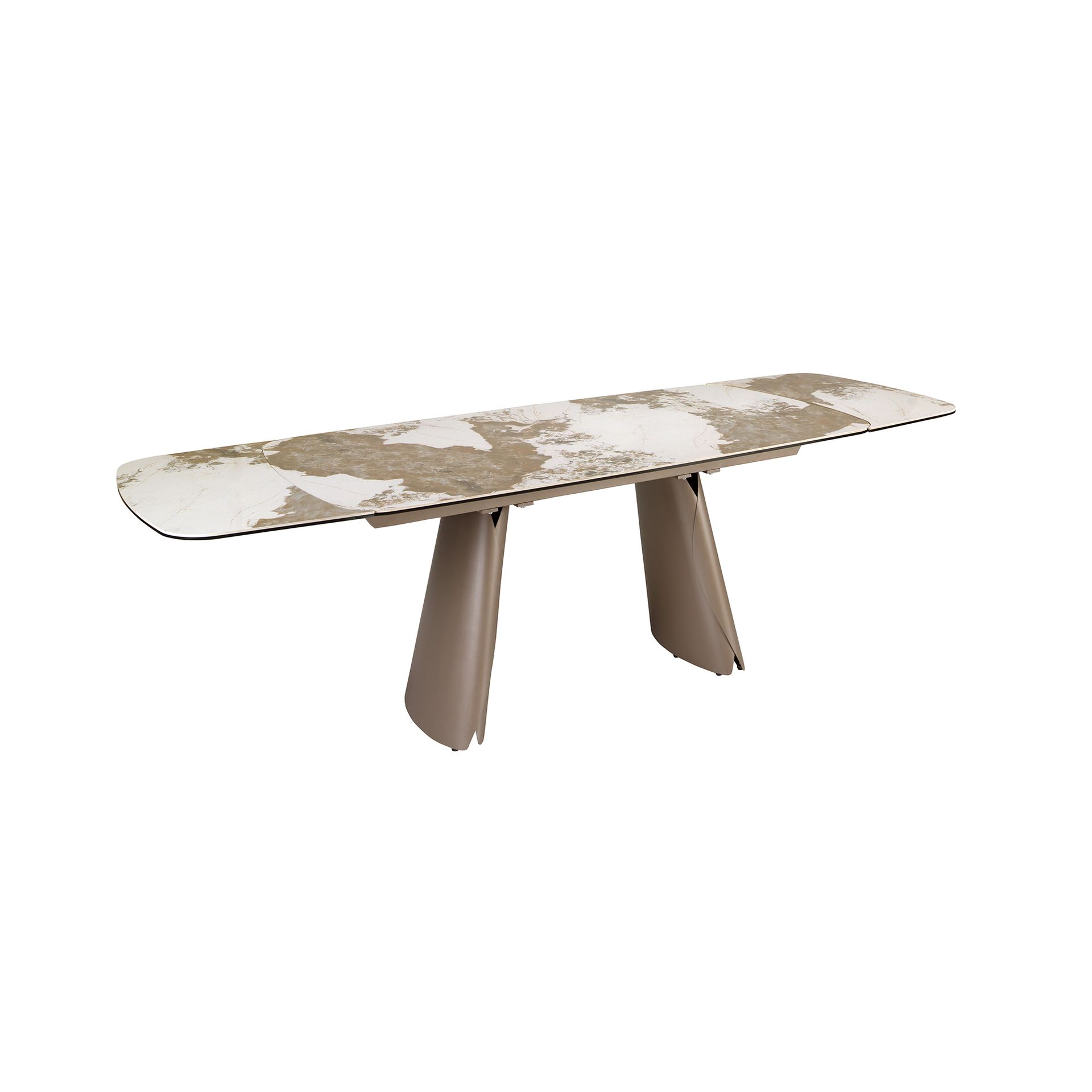 Extendable barrel-shaped oval dining table in porcelain marble and metallic taupe steel