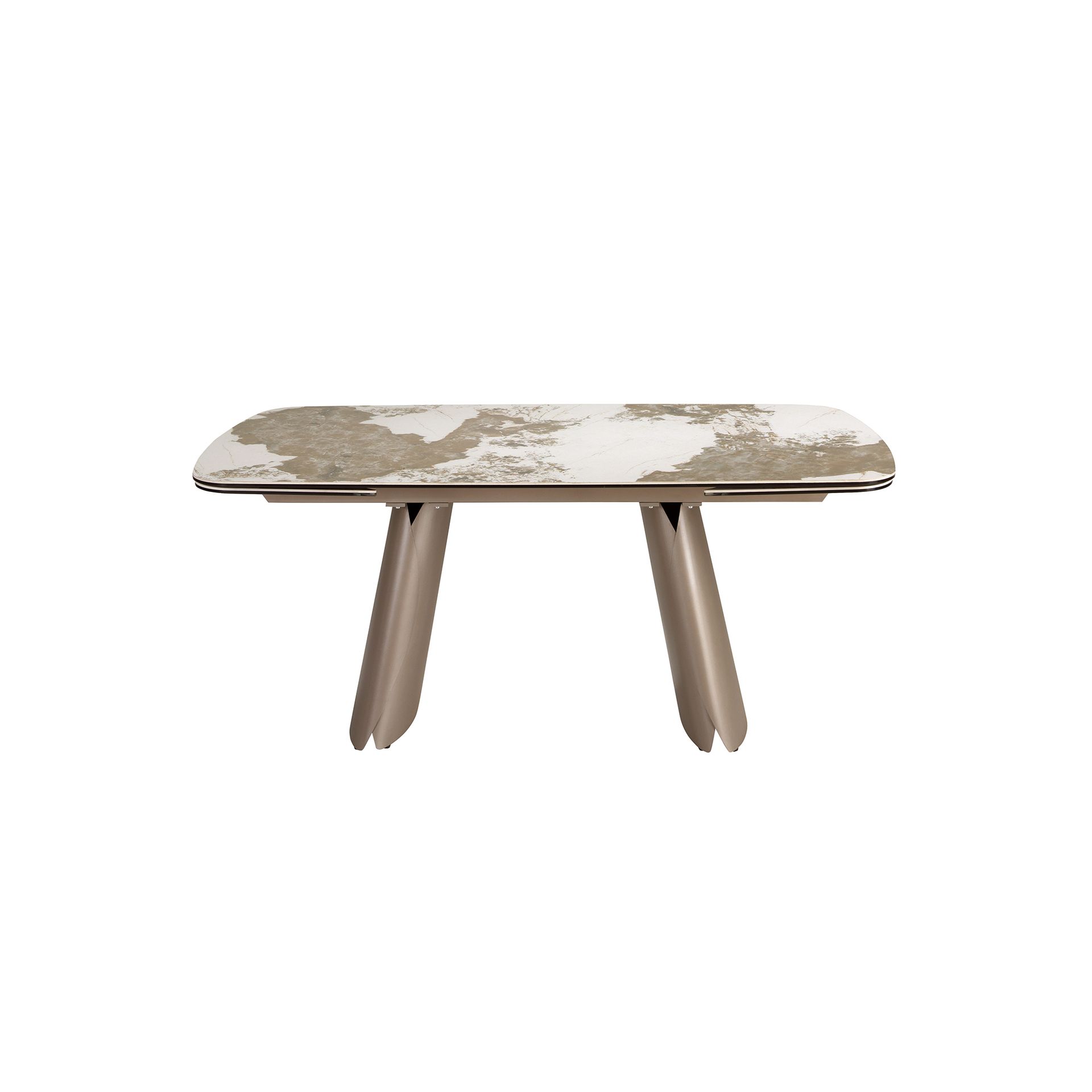 Extendable barrel-shaped oval dining table in porcelain marble and metallic taupe steel