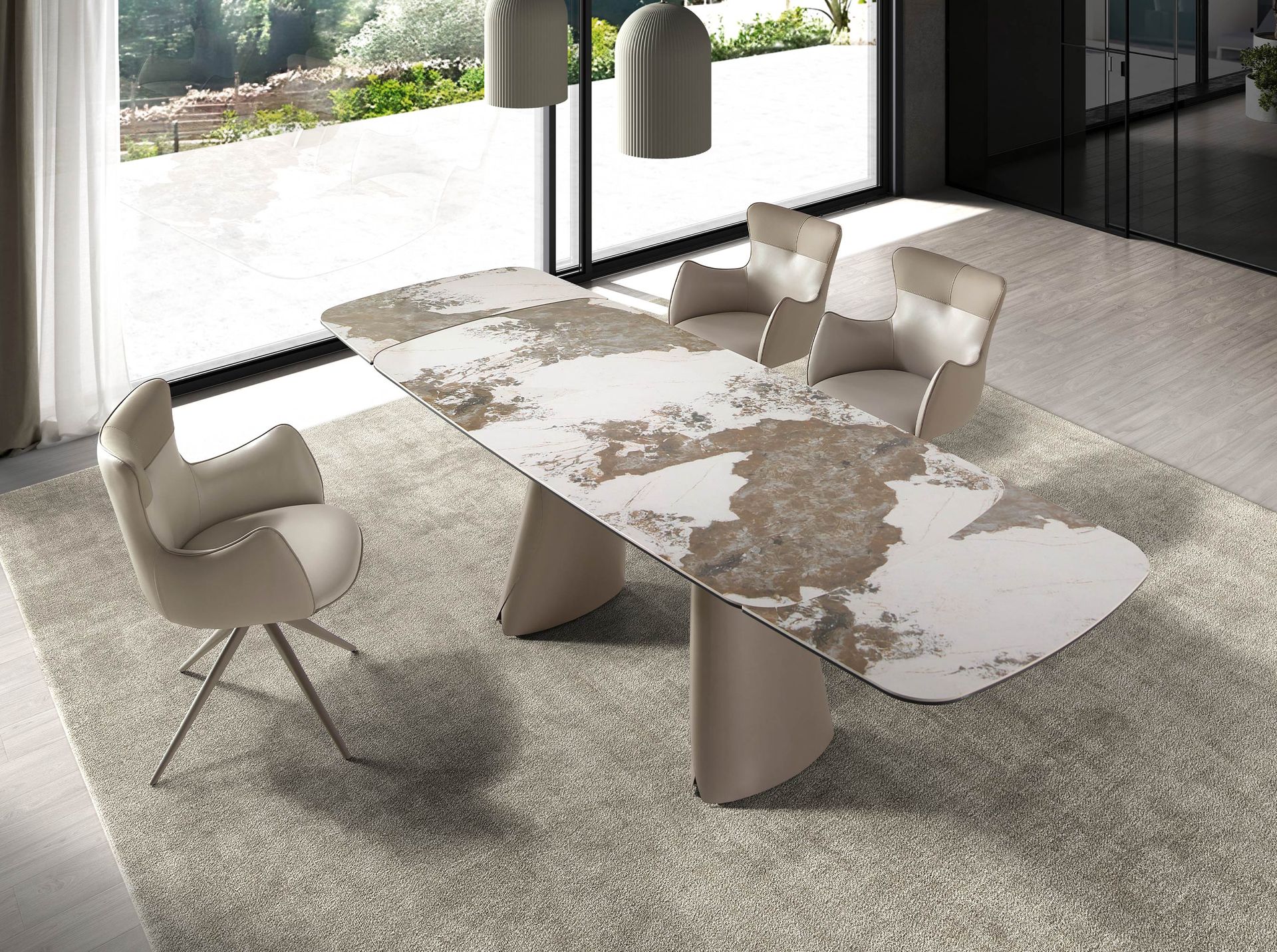 Extendable barrel-shaped oval dining table in porcelain marble and metallic taupe steel