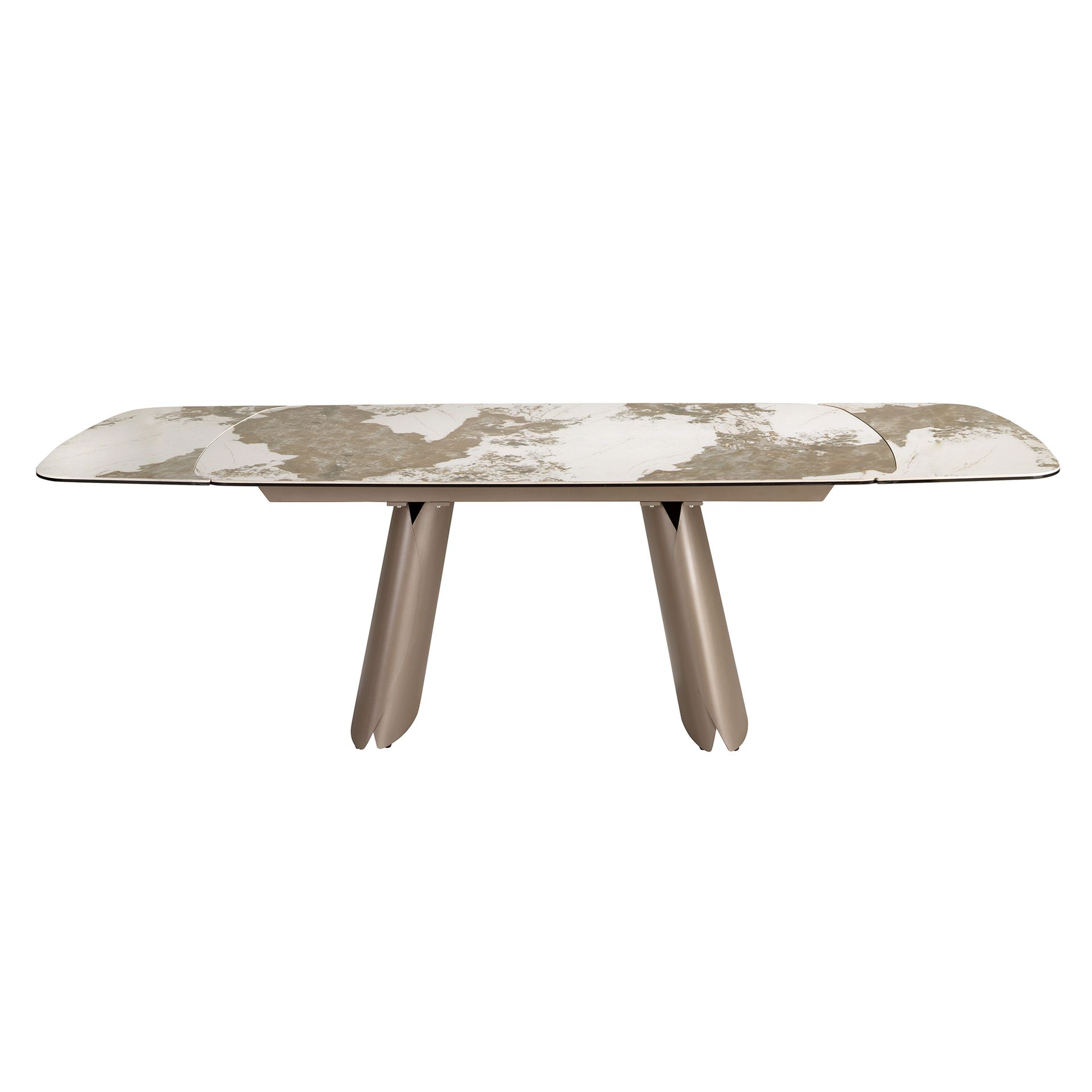 Extendable barrel-shaped oval dining table in porcelain marble and metallic taupe steel