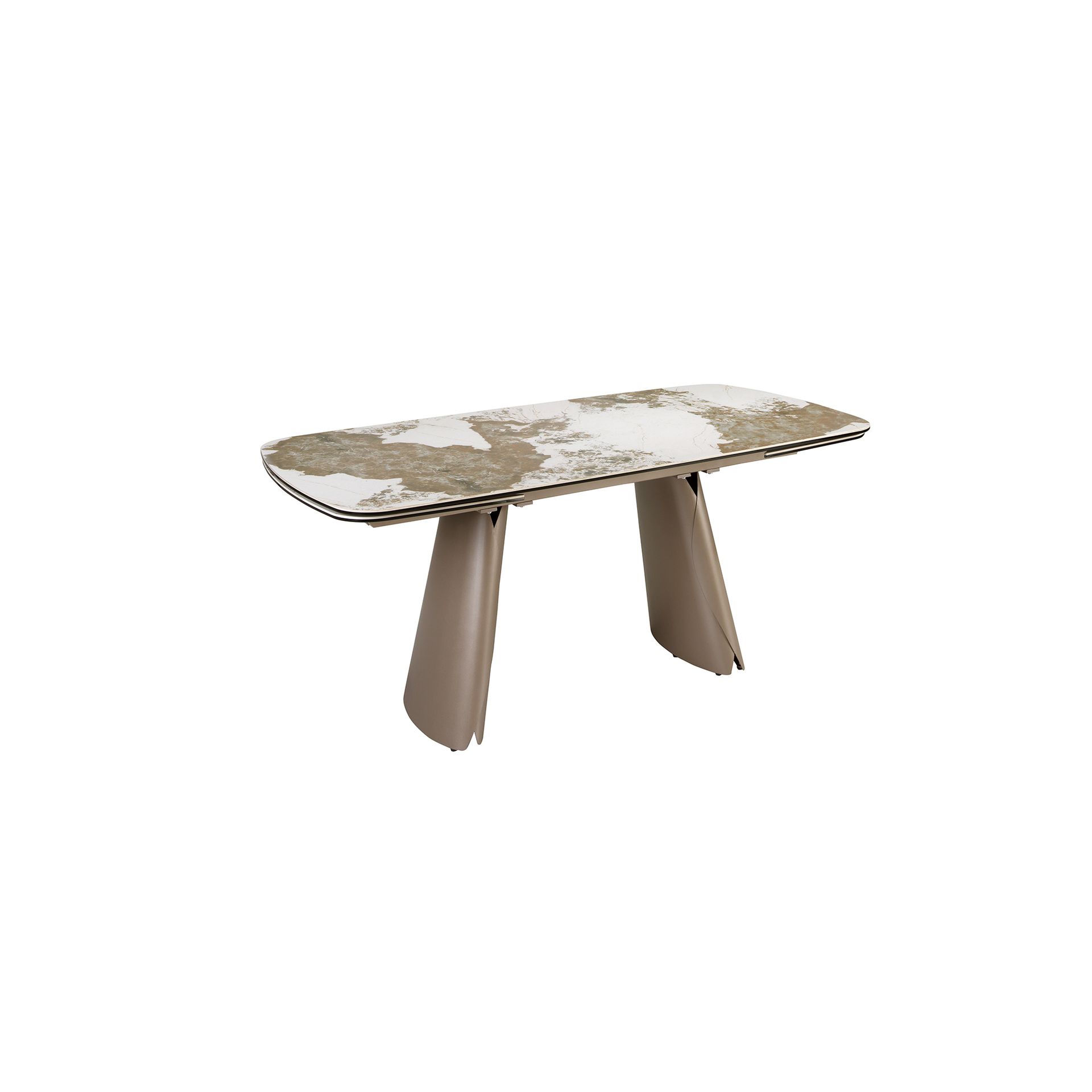 Extendable barrel-shaped oval dining table in porcelain marble and metallic taupe steel