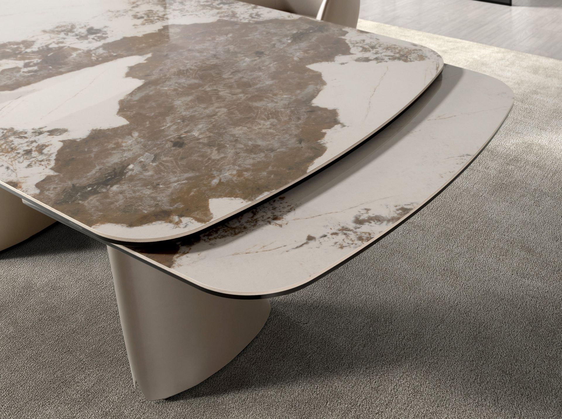 Extendable barrel-shaped oval dining table in porcelain marble and metallic taupe steel