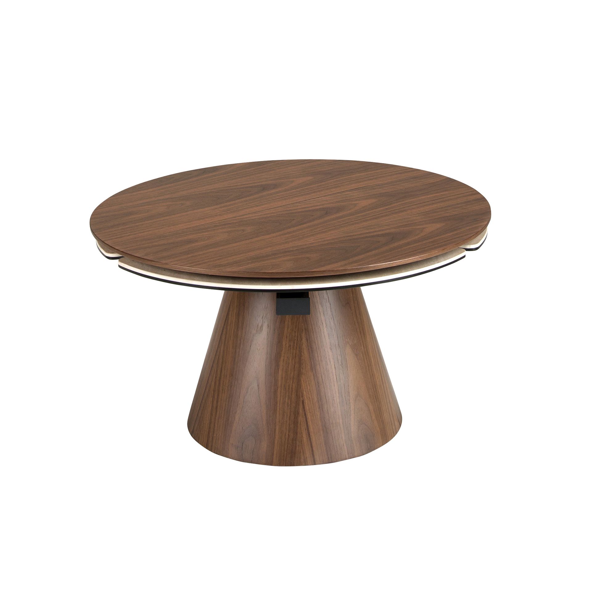Extendable round coffee table in walnut and porcelain marble