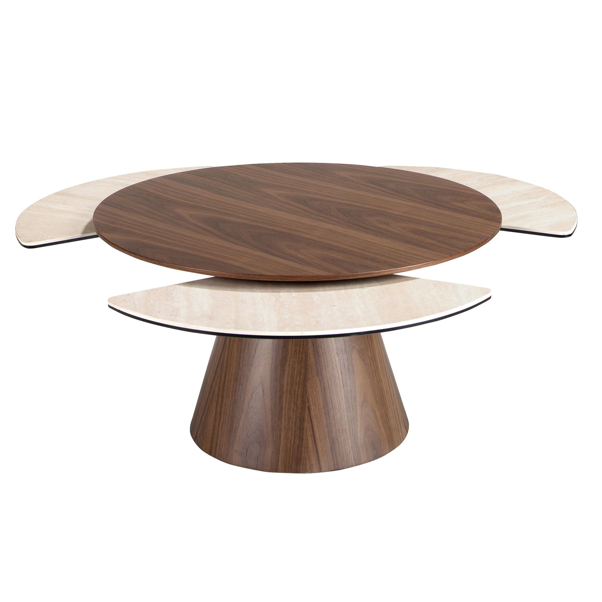 Extendable round coffee table in walnut and porcelain marble