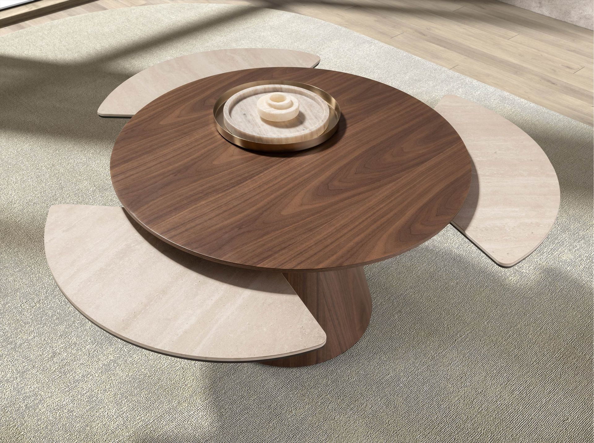 Extendable round coffee table in walnut and porcelain marble