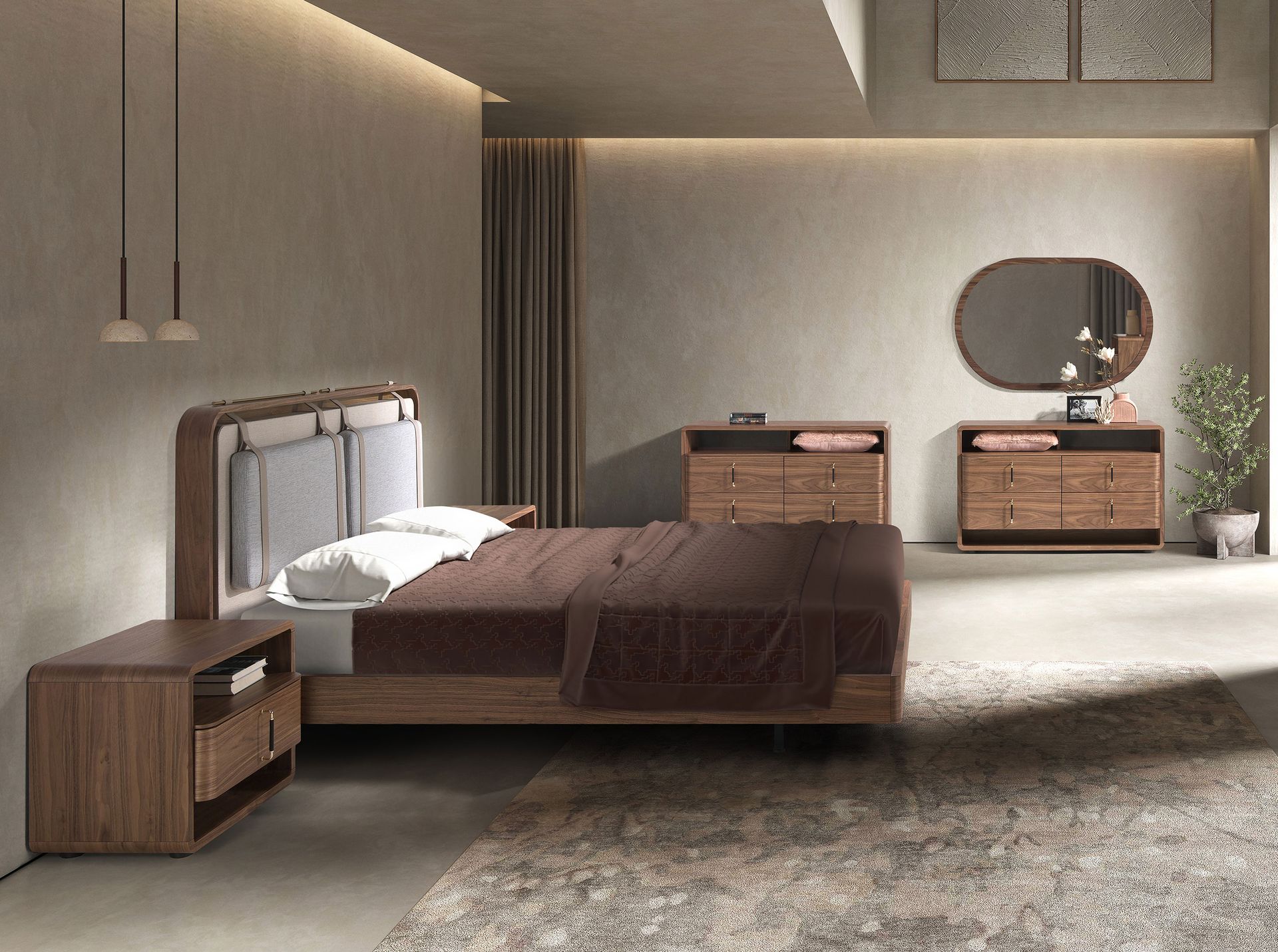 Fabric bed in beige and grey