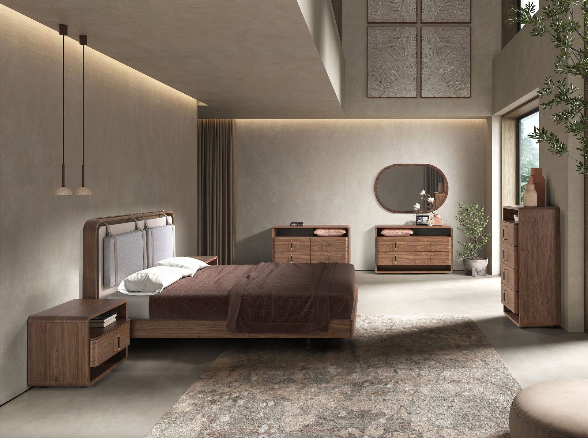 Fabric bed in beige and grey