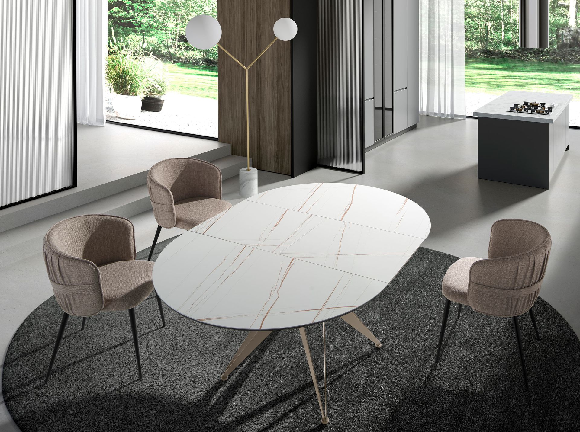 Floor lamp in white marble, golden steel and white glass
