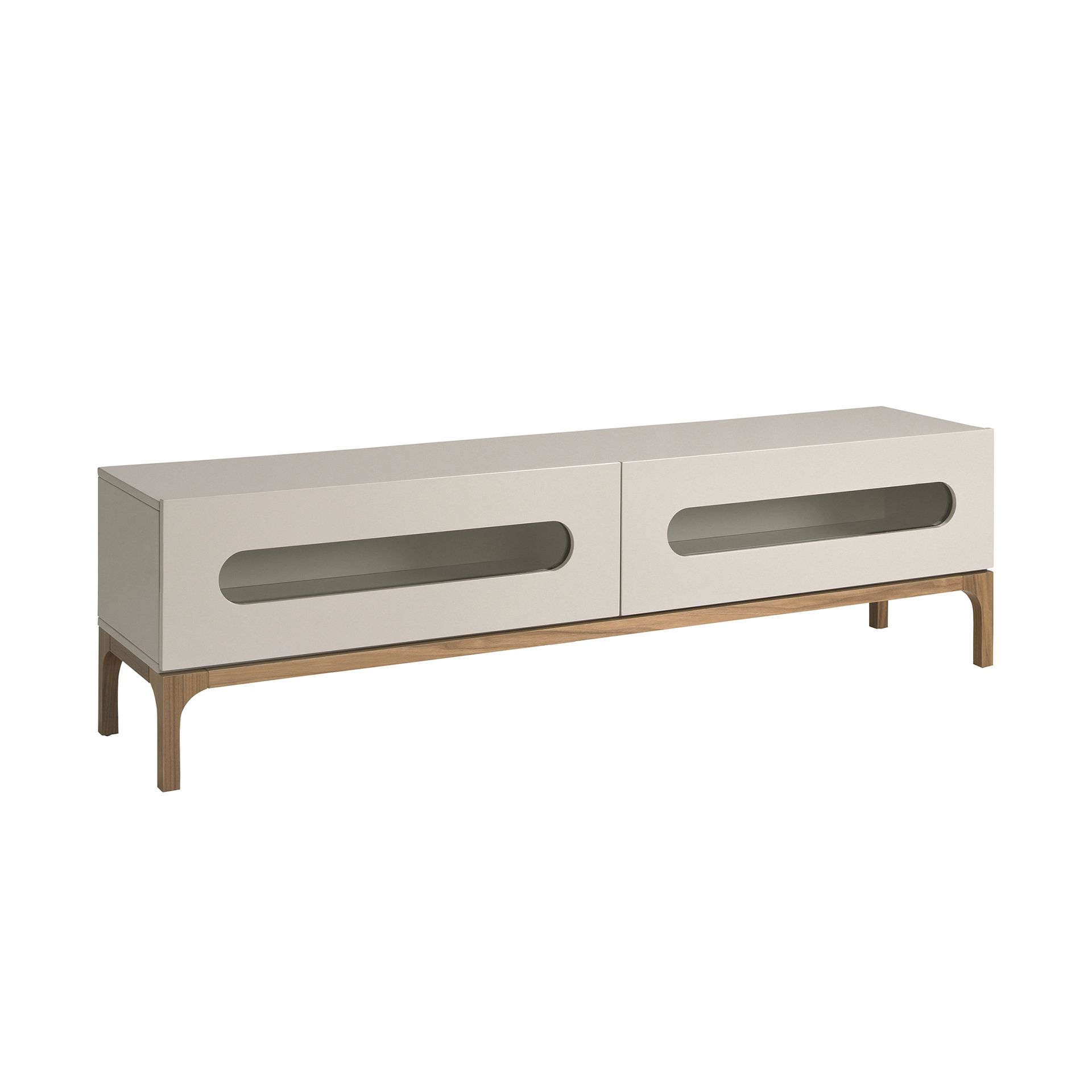 Grey and walnut wood TV stand with interior lighting