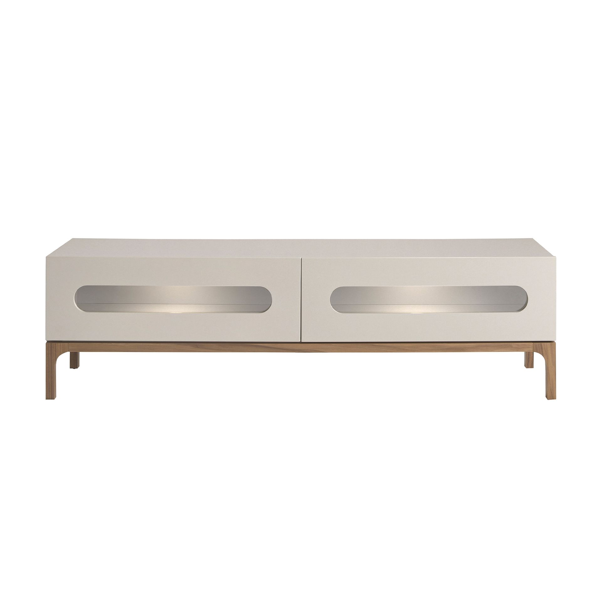 Grey and walnut wood TV stand with interior lighting